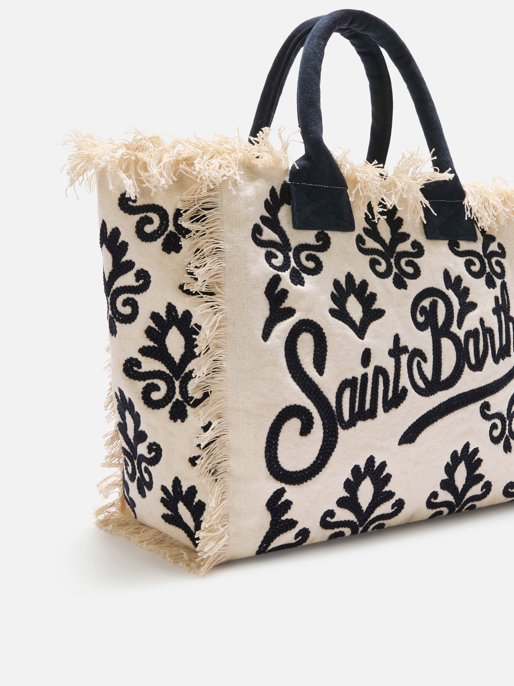Canvas Vanity Regular Bag With Blue Lily Tufting Embroidery