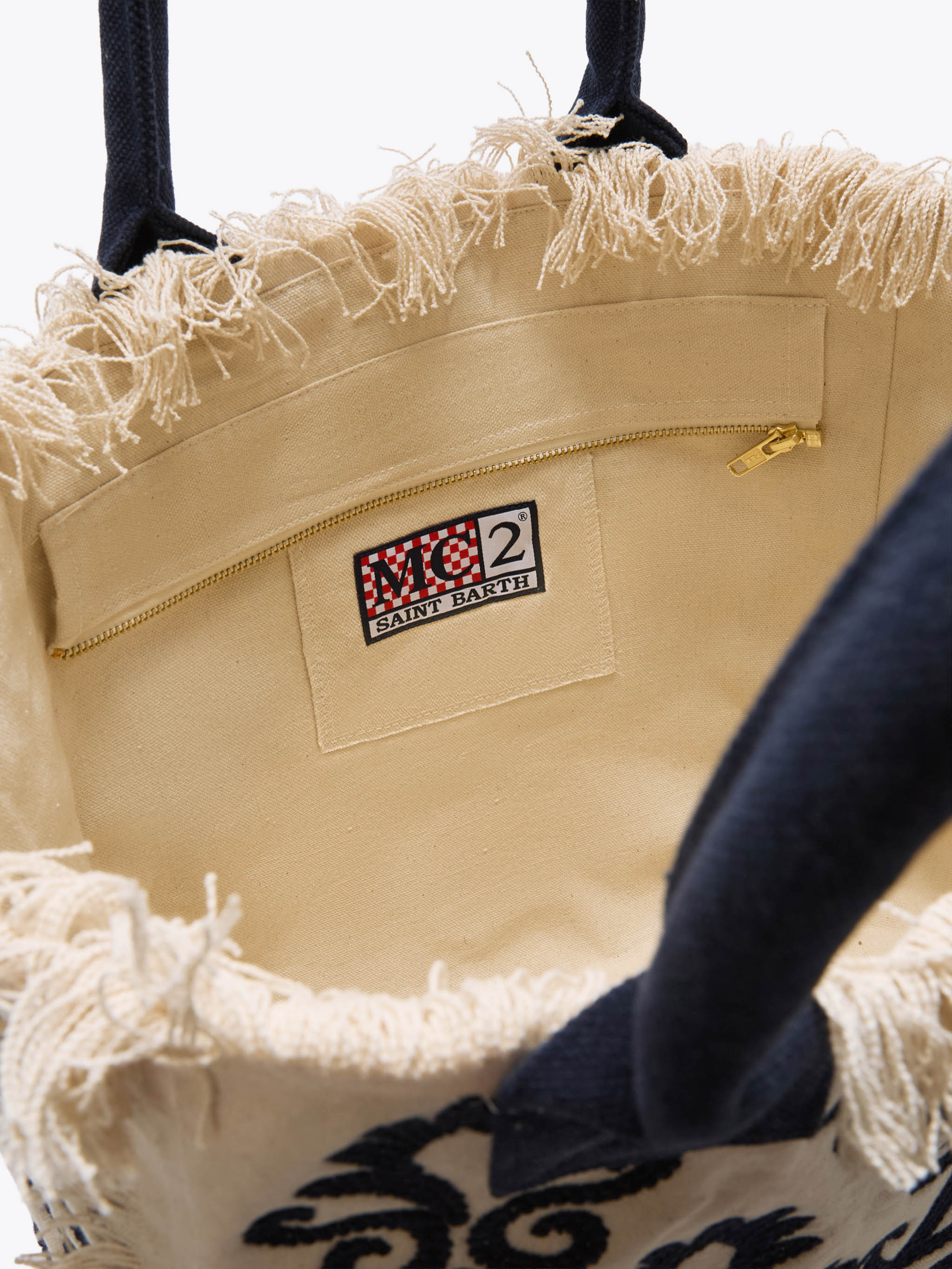 Canvas Vanity Regular Bag With Blue Lily Tufting Embroidery