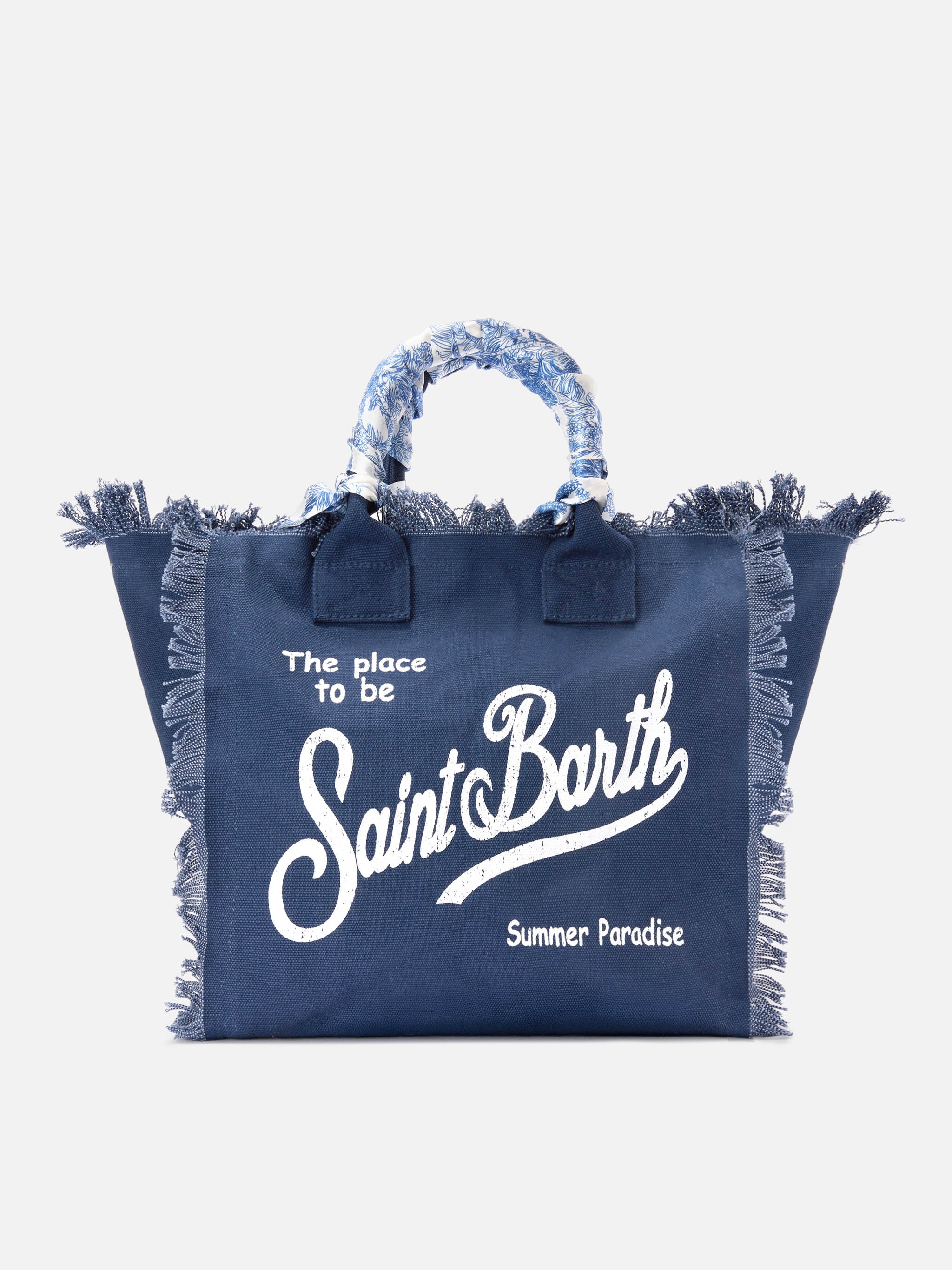 Blue Canvas Vanity Regular Bag With Twill Detail On Handle