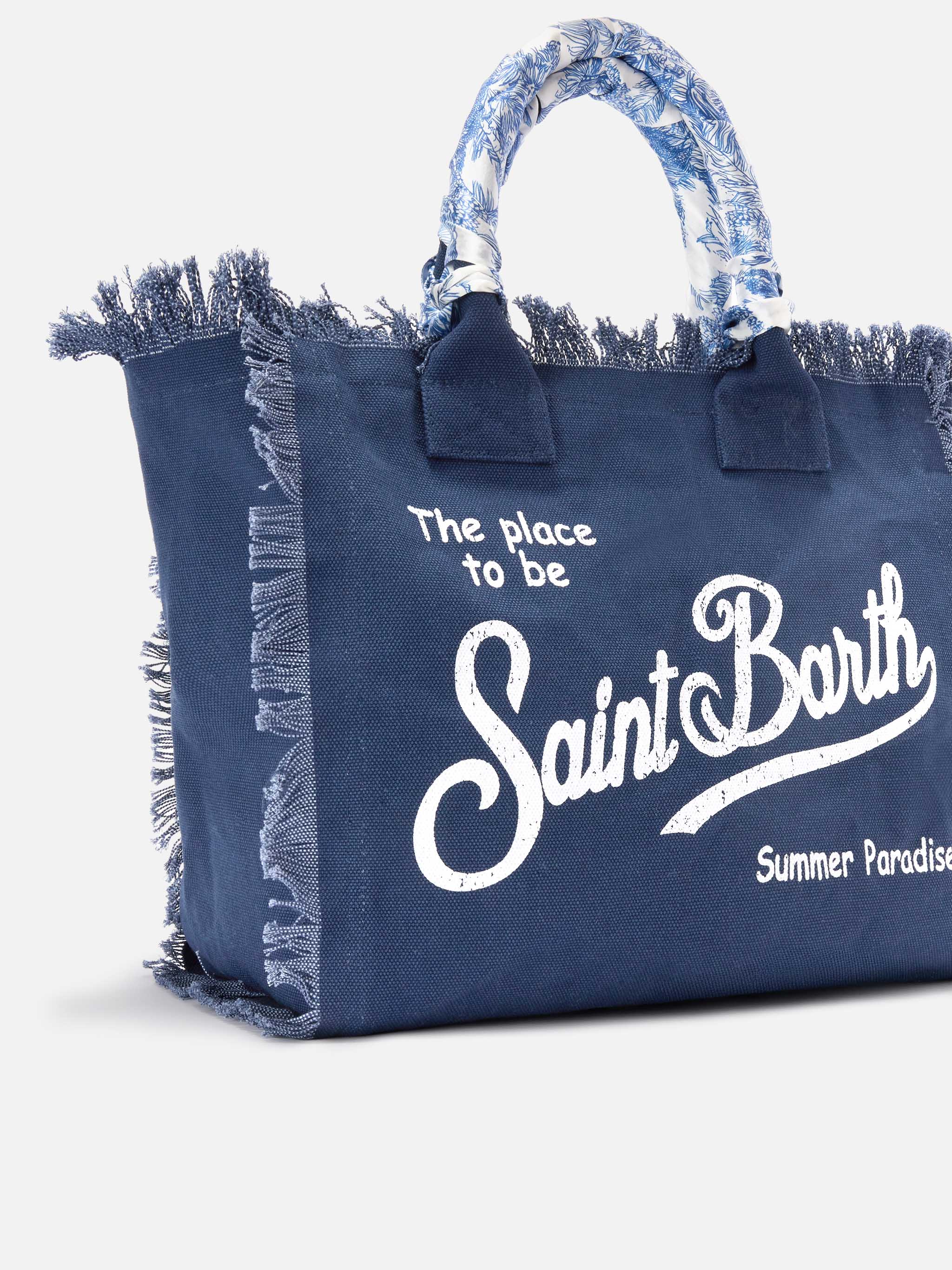 Blue Canvas Vanity Regular Bag With Twill Detail On Handle