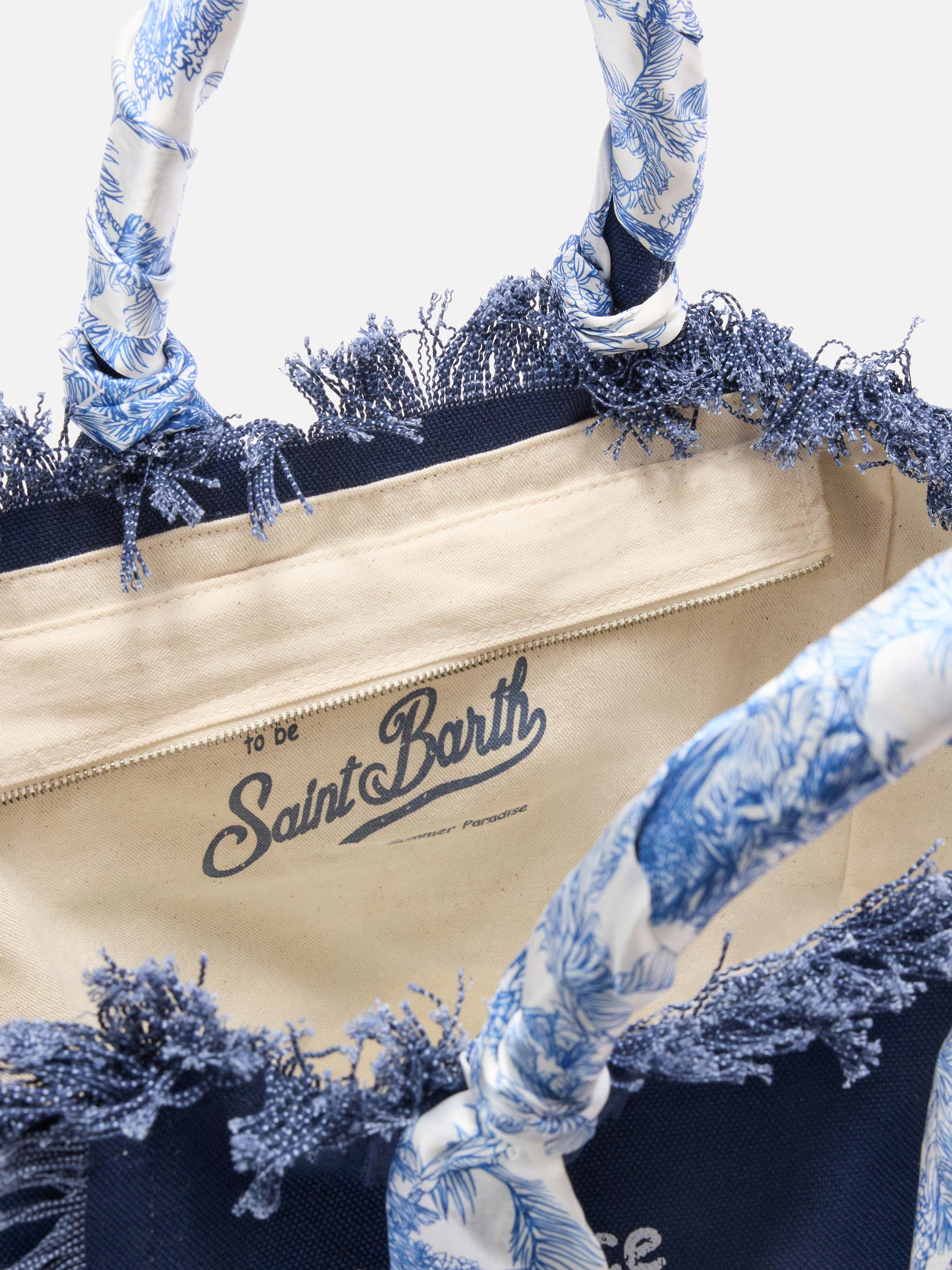 Blue Canvas Vanity Regular Bag With Twill Detail On Handle