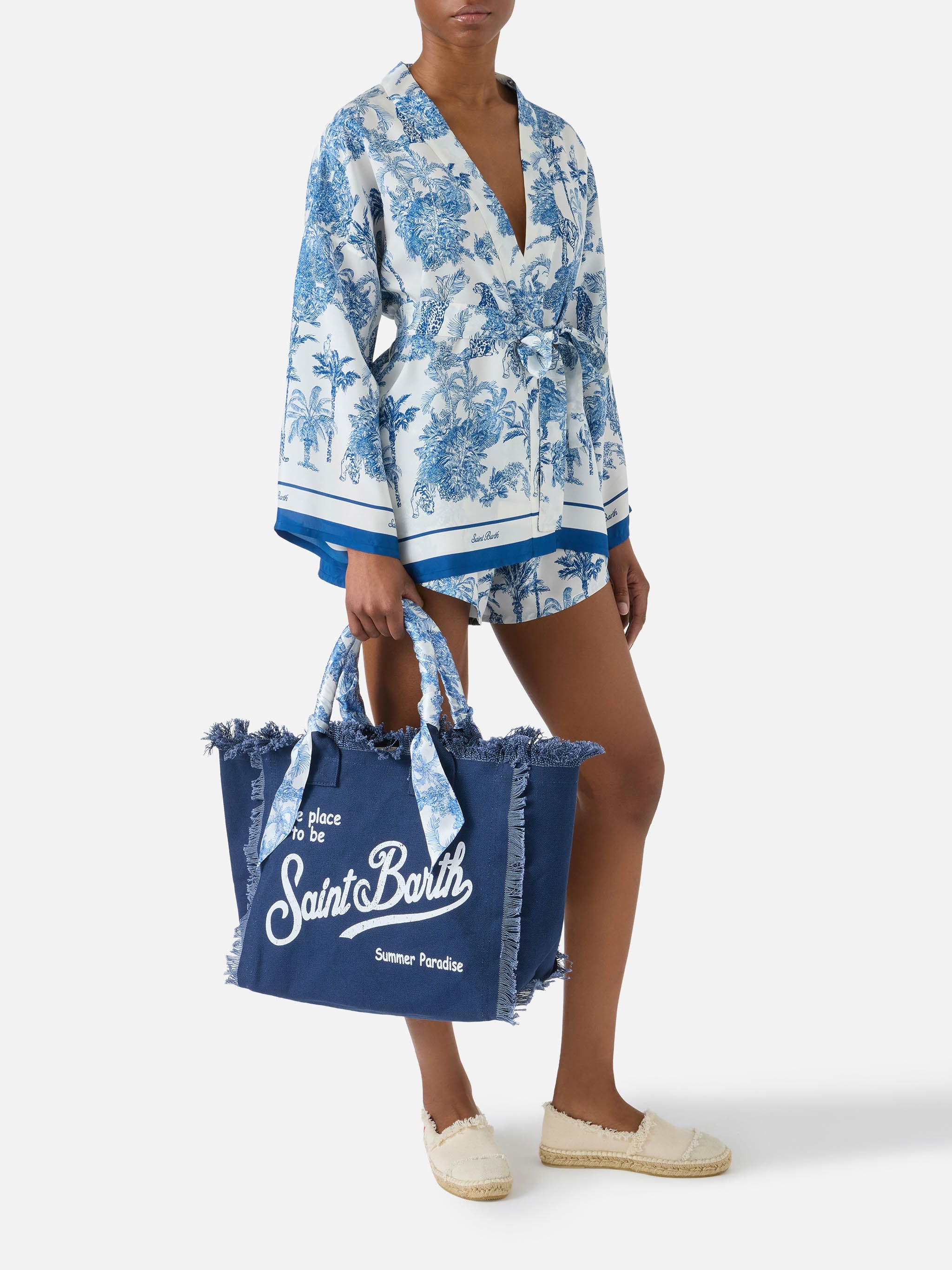 Blue Canvas Vanity Regular Bag With Twill Detail On Handle