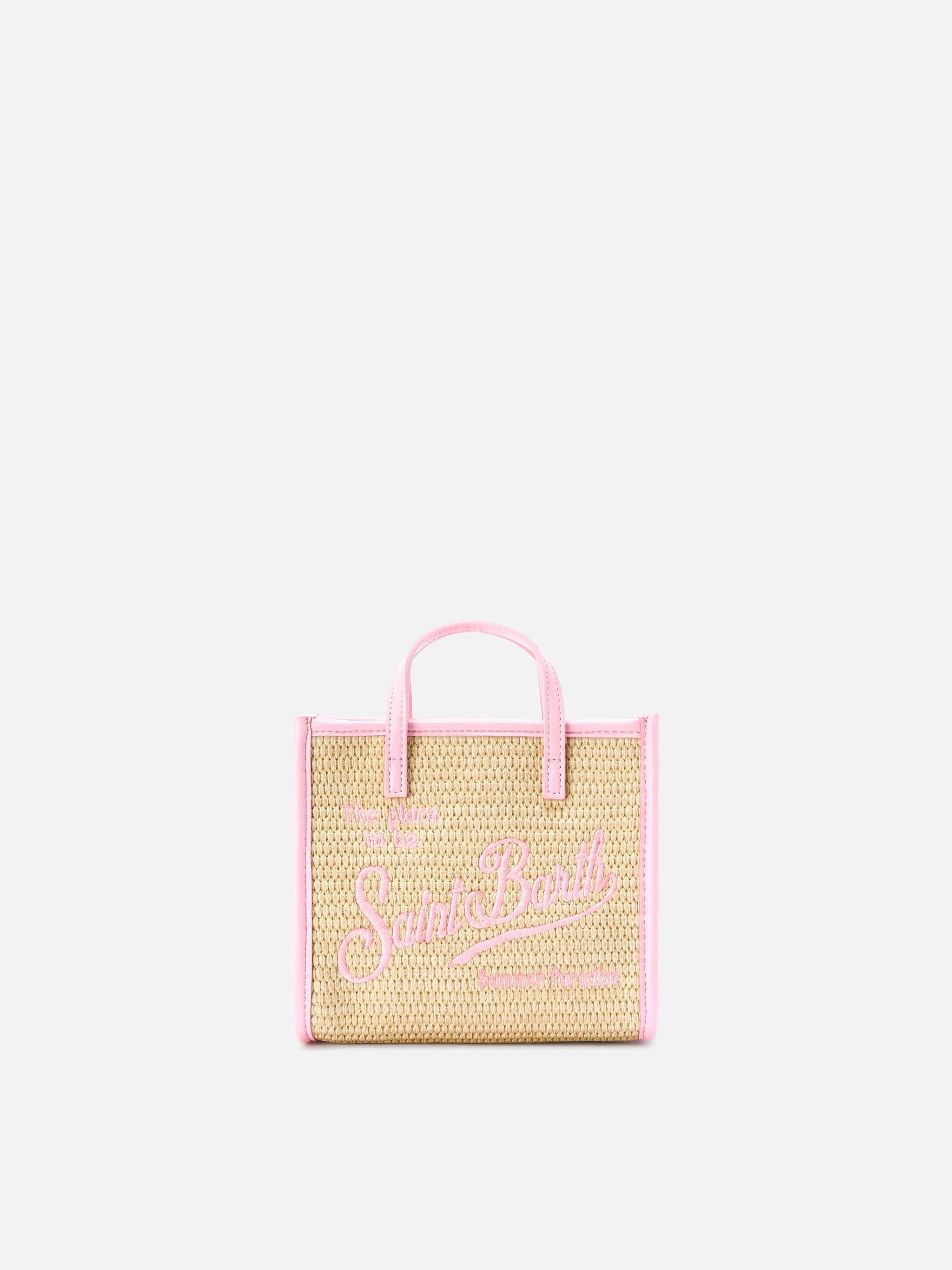 Vivian Mini Straw Effect Bag With Pink Embroidered Logo
