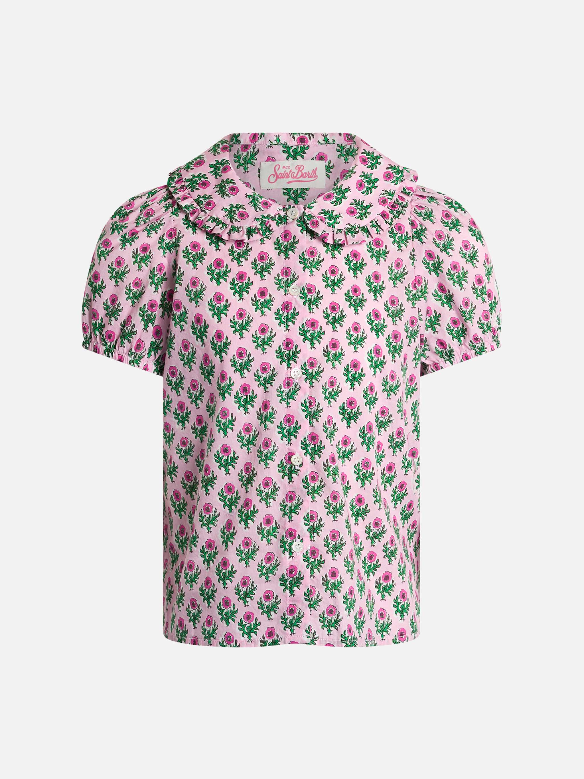 Girl Boxy Shirt Violan Jr With Flower Print Pink