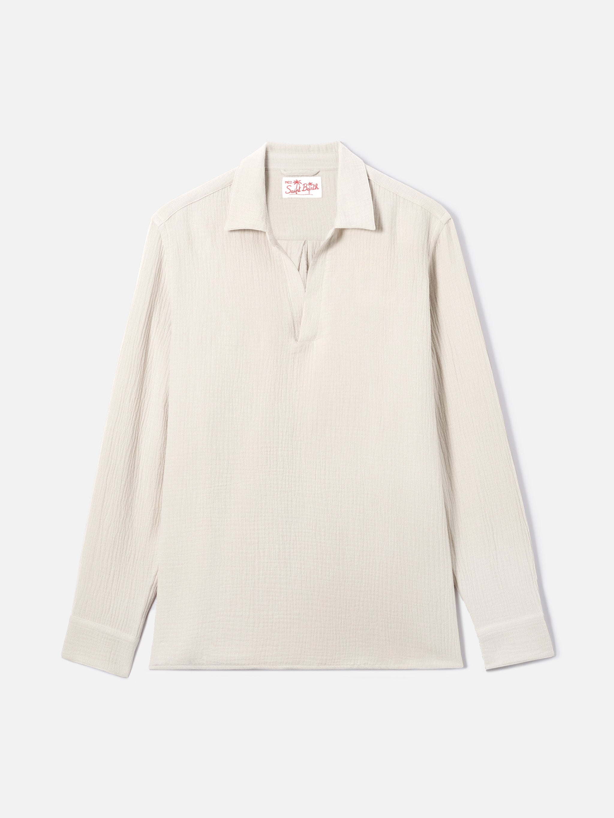 Long-Sleeve Ventotene Waffle Cotton Polo Beige White Shirt