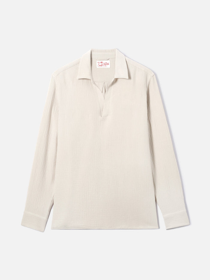 Long-Sleeve Ventotene Waffle Cotton Polo Beige White Shirt