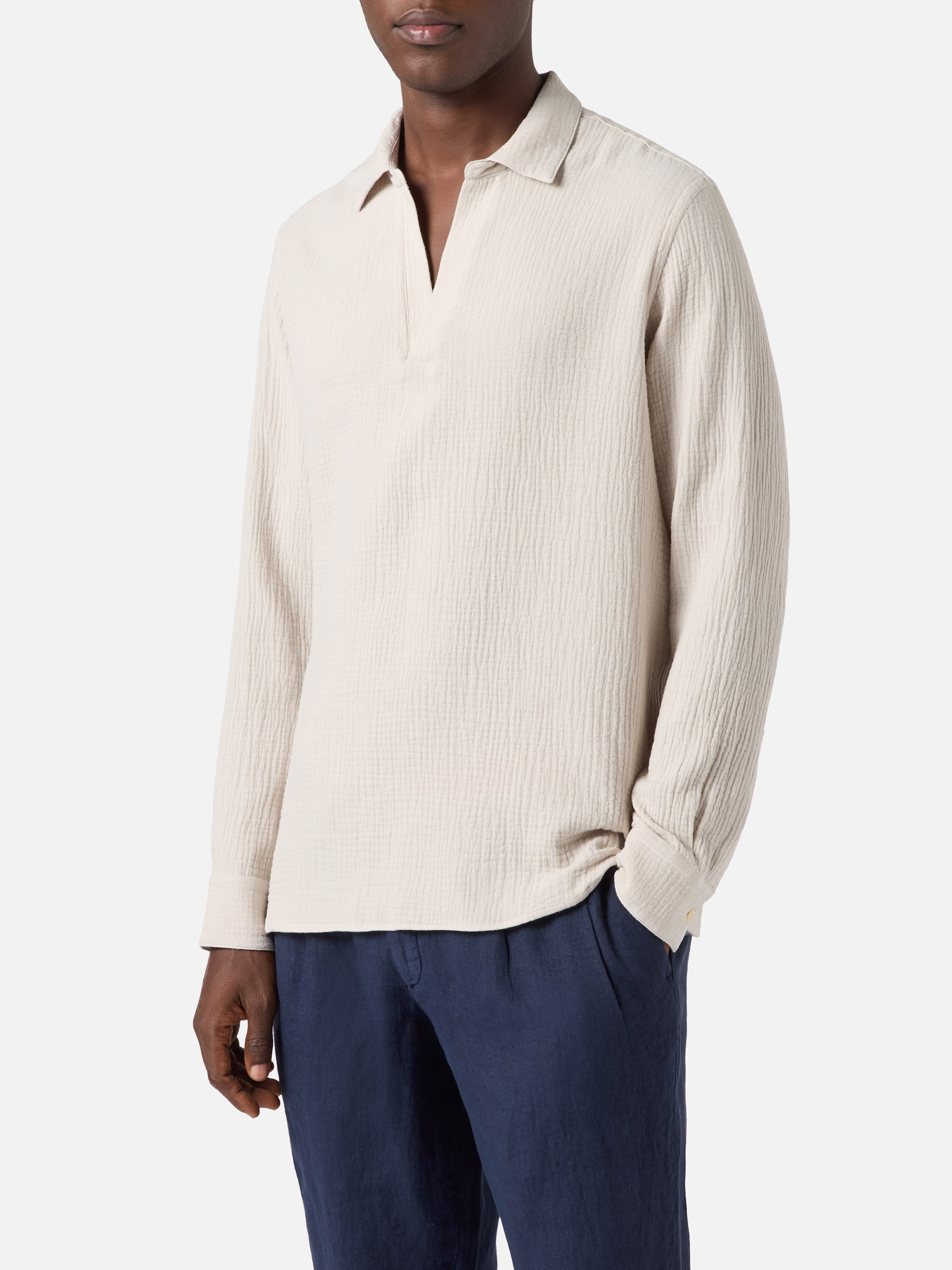 Long-Sleeve Ventotene Waffle Cotton Polo Beige White Shirt