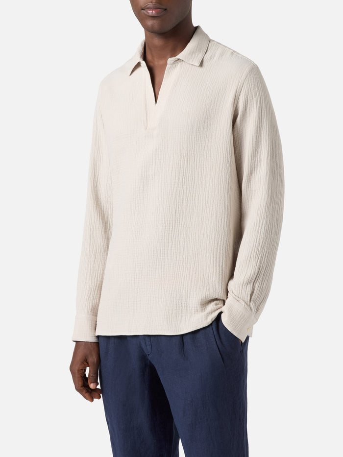 Long-Sleeve Ventotene Waffle Cotton Polo Beige White Shirt