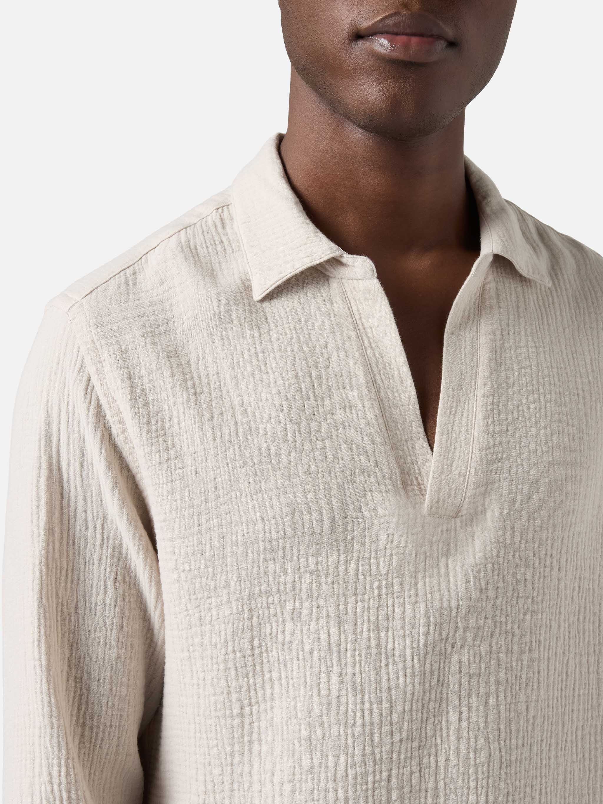 Long-Sleeve Ventotene Waffle Cotton Polo Beige White Shirt