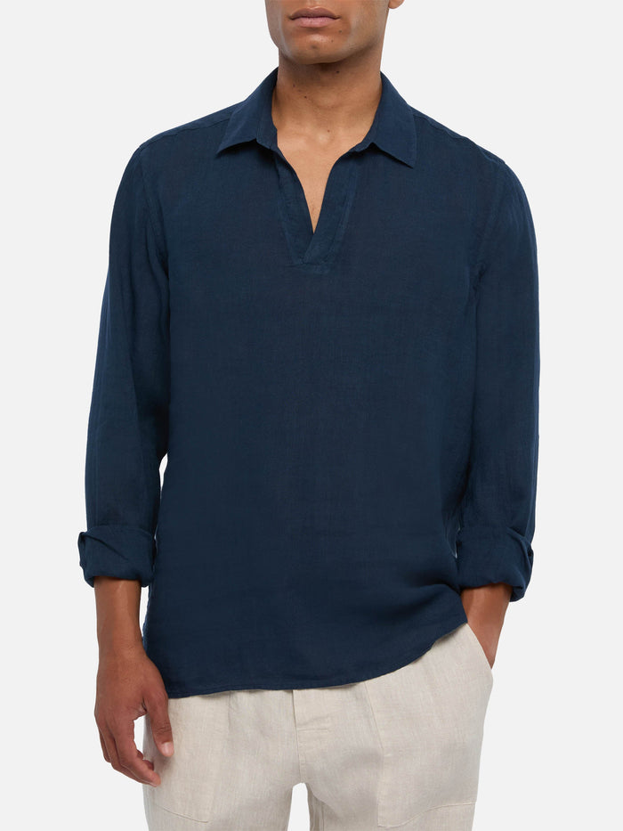 Navy Blue Linen Polo Shirt Ventotene
