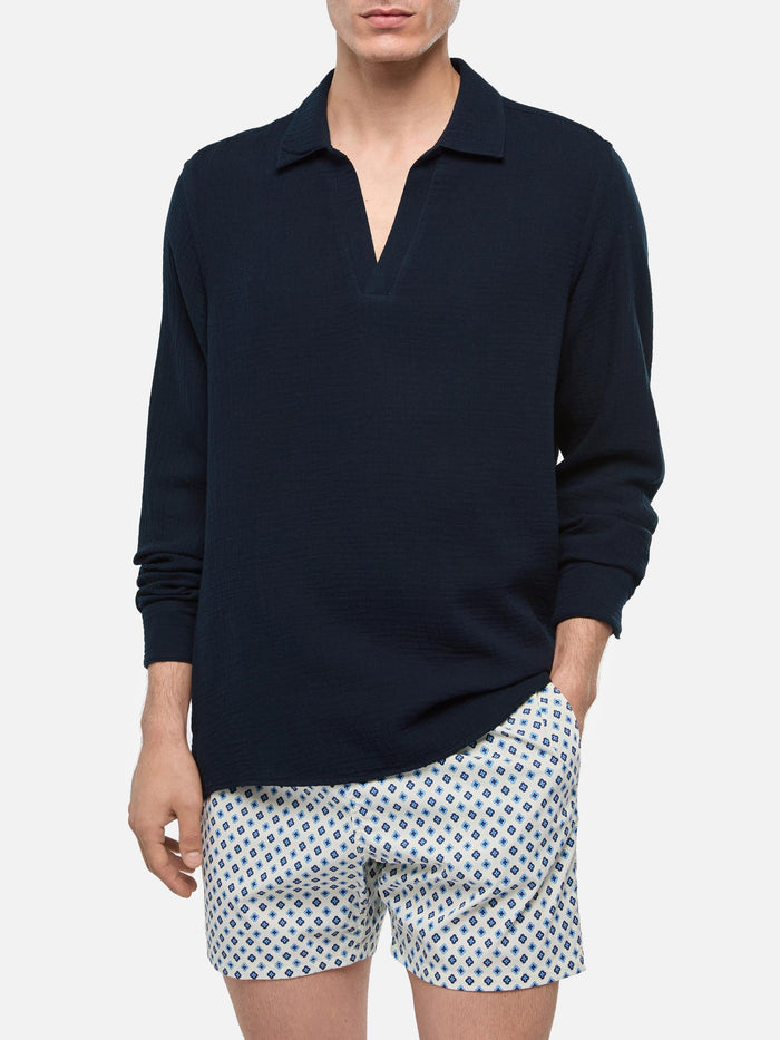 Navy Blue Cotton Gauze Polo Shirt Ventotene