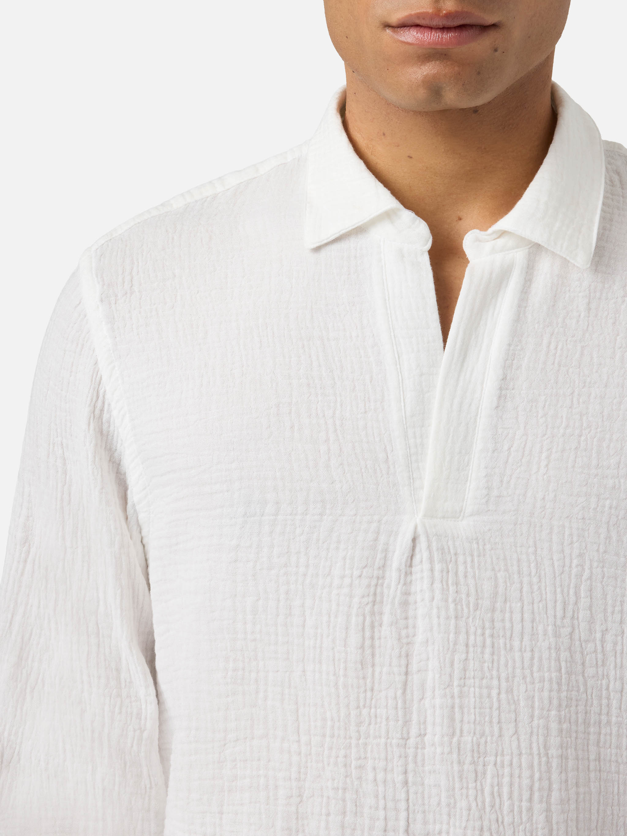 Long-Sleeve Ventotene Waffle Cotton Polo White Shirt