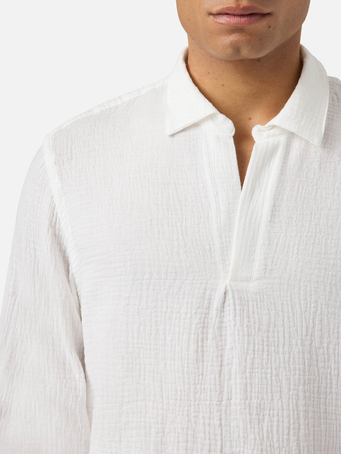 Long-Sleeve Ventotene Waffle Cotton Polo White Shirt
