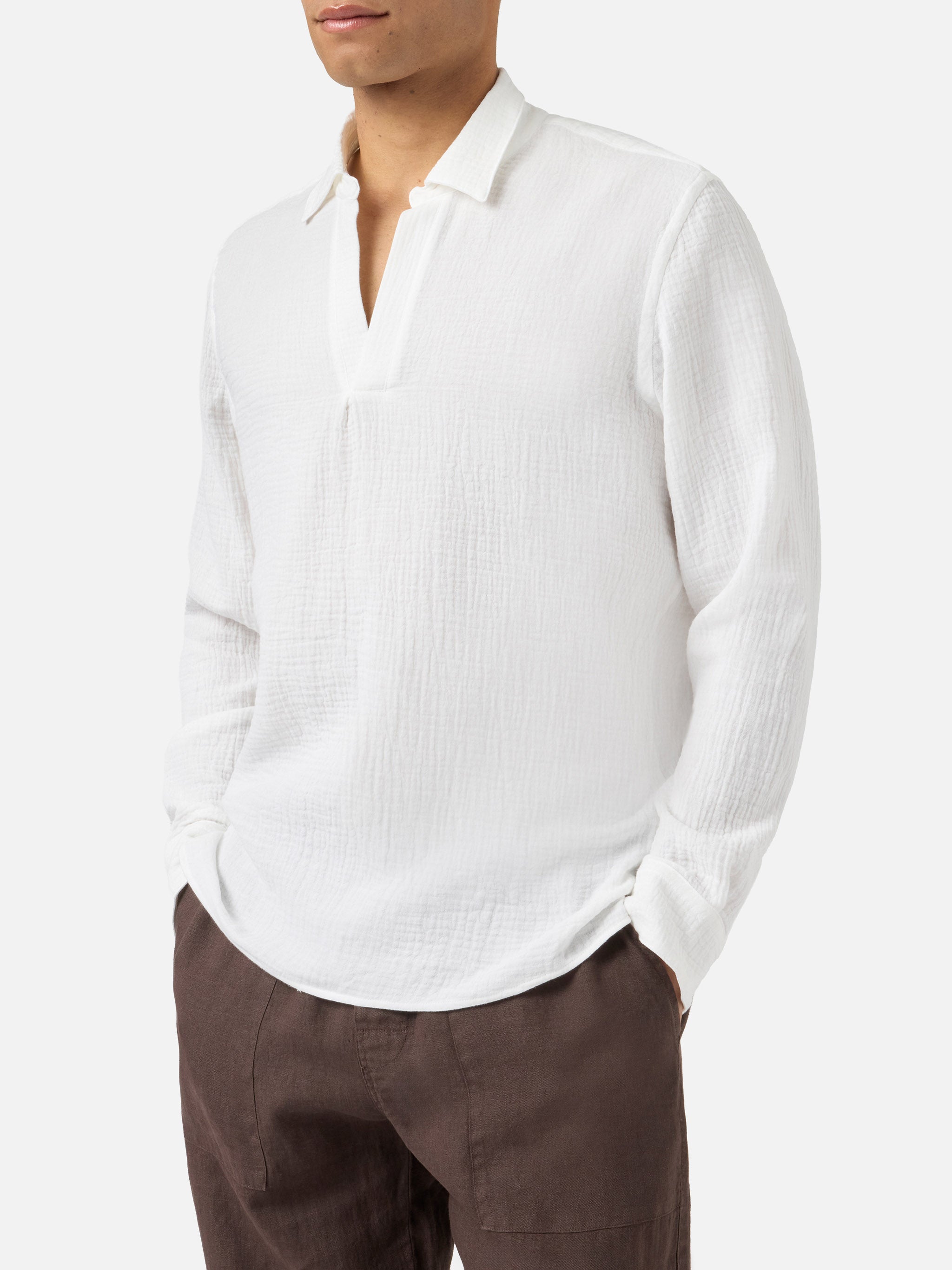 Long-Sleeve Ventotene Waffle Cotton Polo White Shirt
