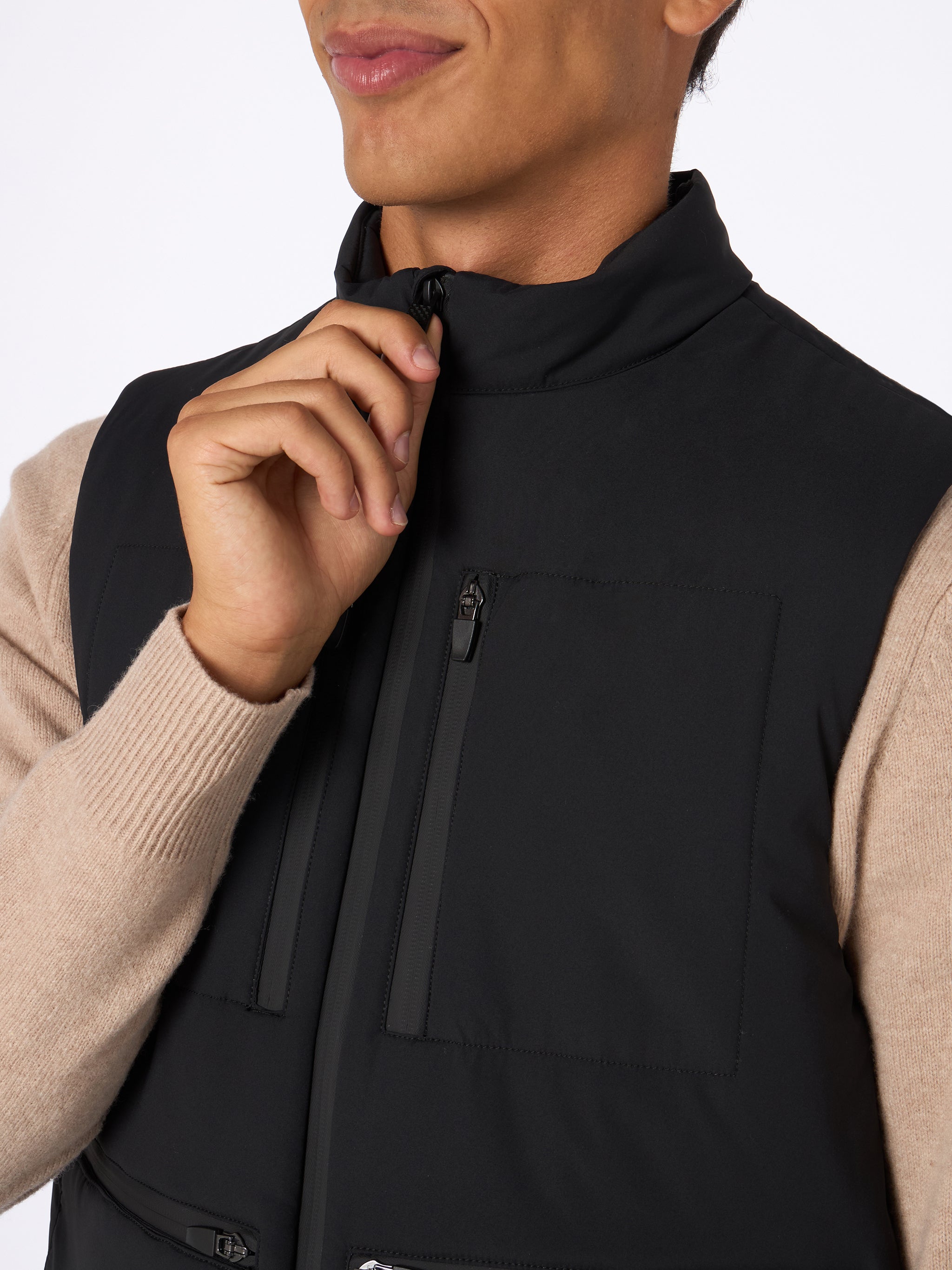 Man Black Stretch Fabric Padded Vest Vonn Jacket