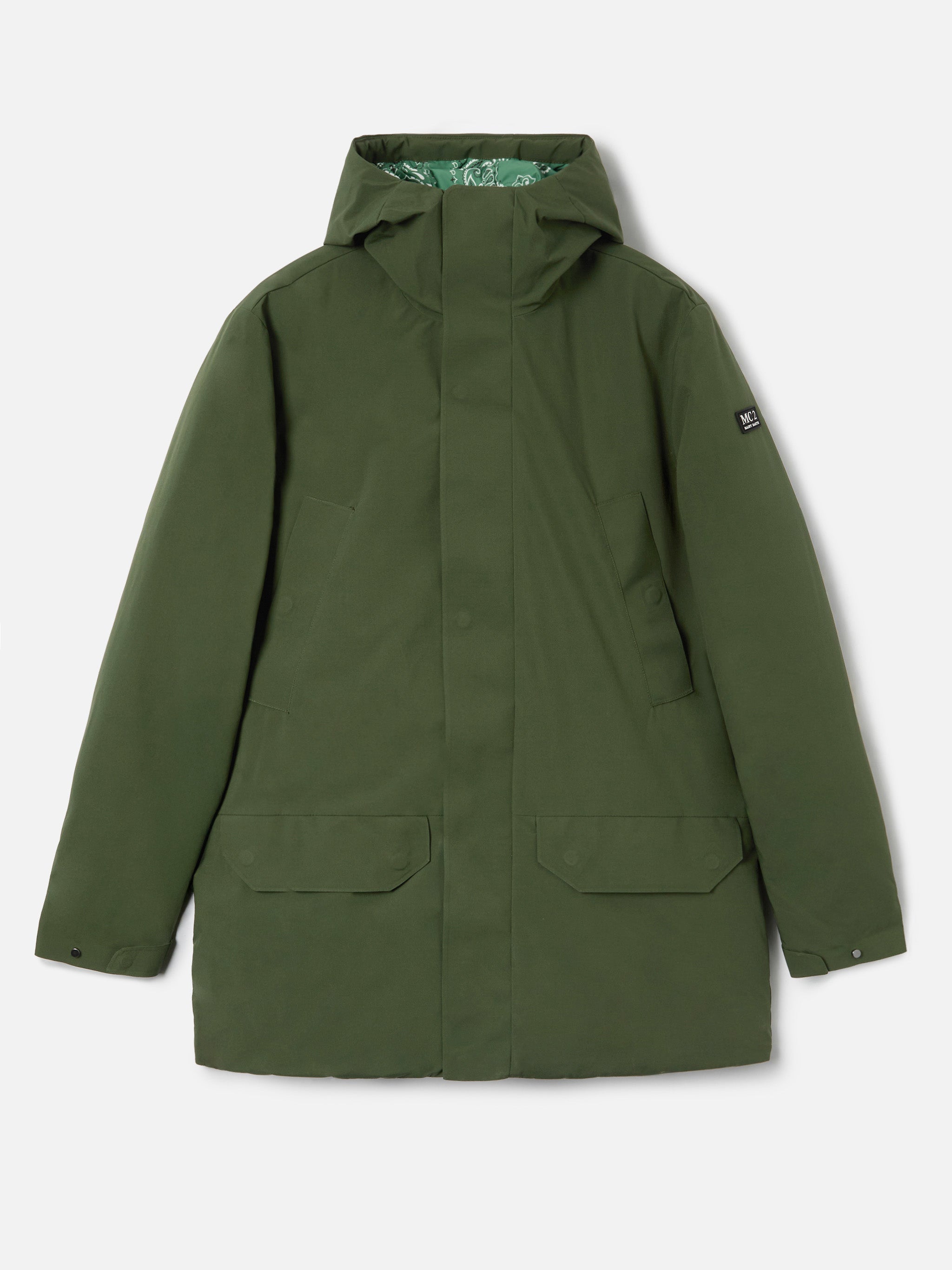 Man Military Green Hooded Parka Voyager With Bandanna Print Jacket