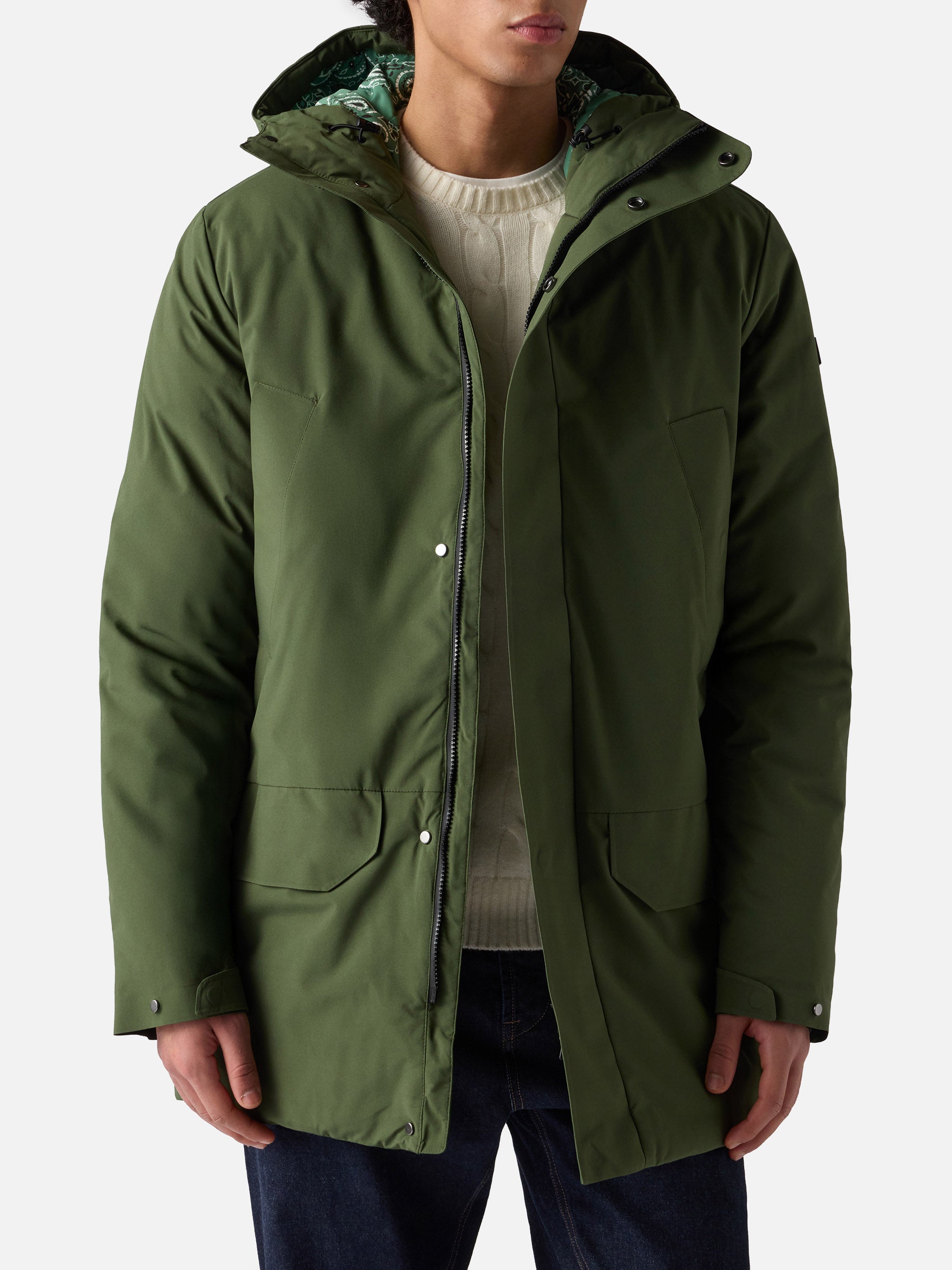 Man Military Green Hooded Parka Voyager With Bandanna Print Jacket
