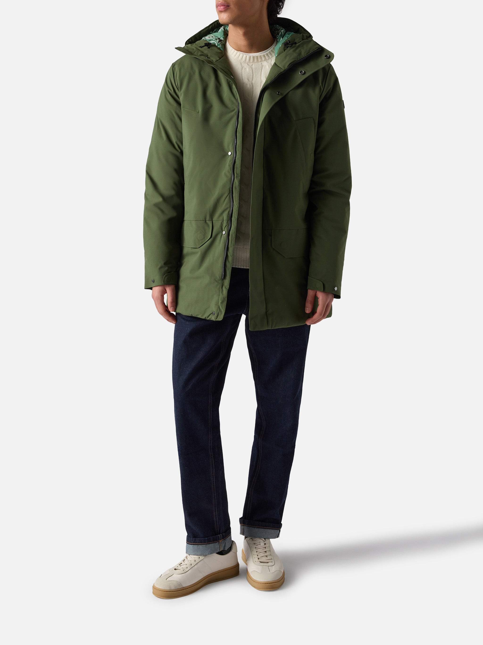 Man Military Green Hooded Parka Voyager With Bandanna Print Jacket