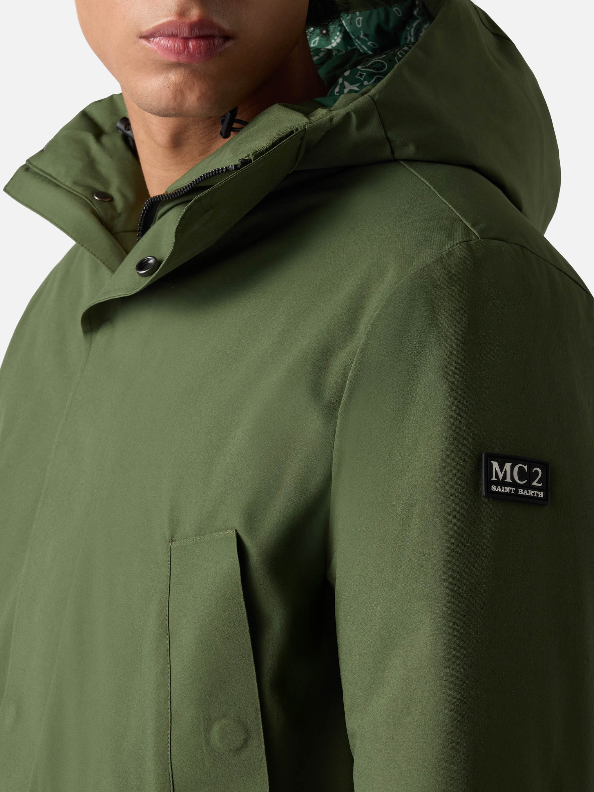 Man Military Green Hooded Parka Voyager With Bandanna Print Jacket