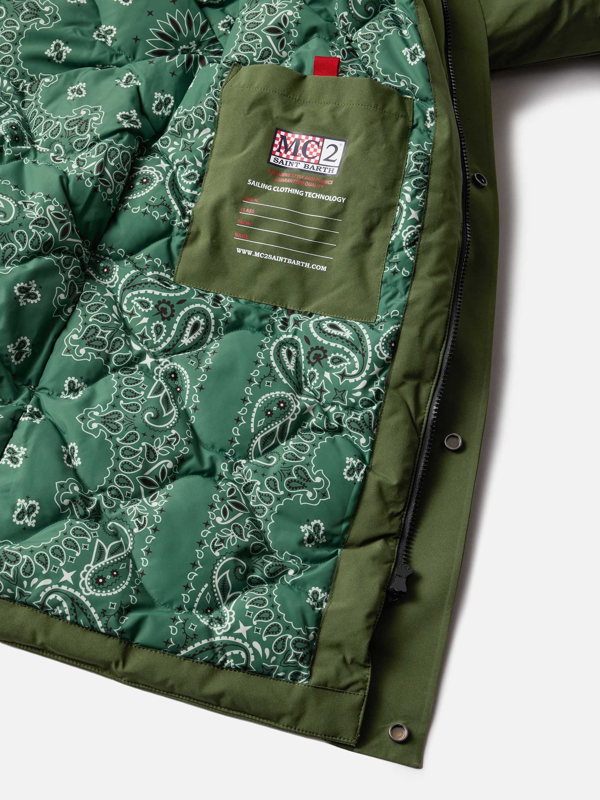 Man Military Green Hooded Parka Voyager With Bandanna Print Jacket