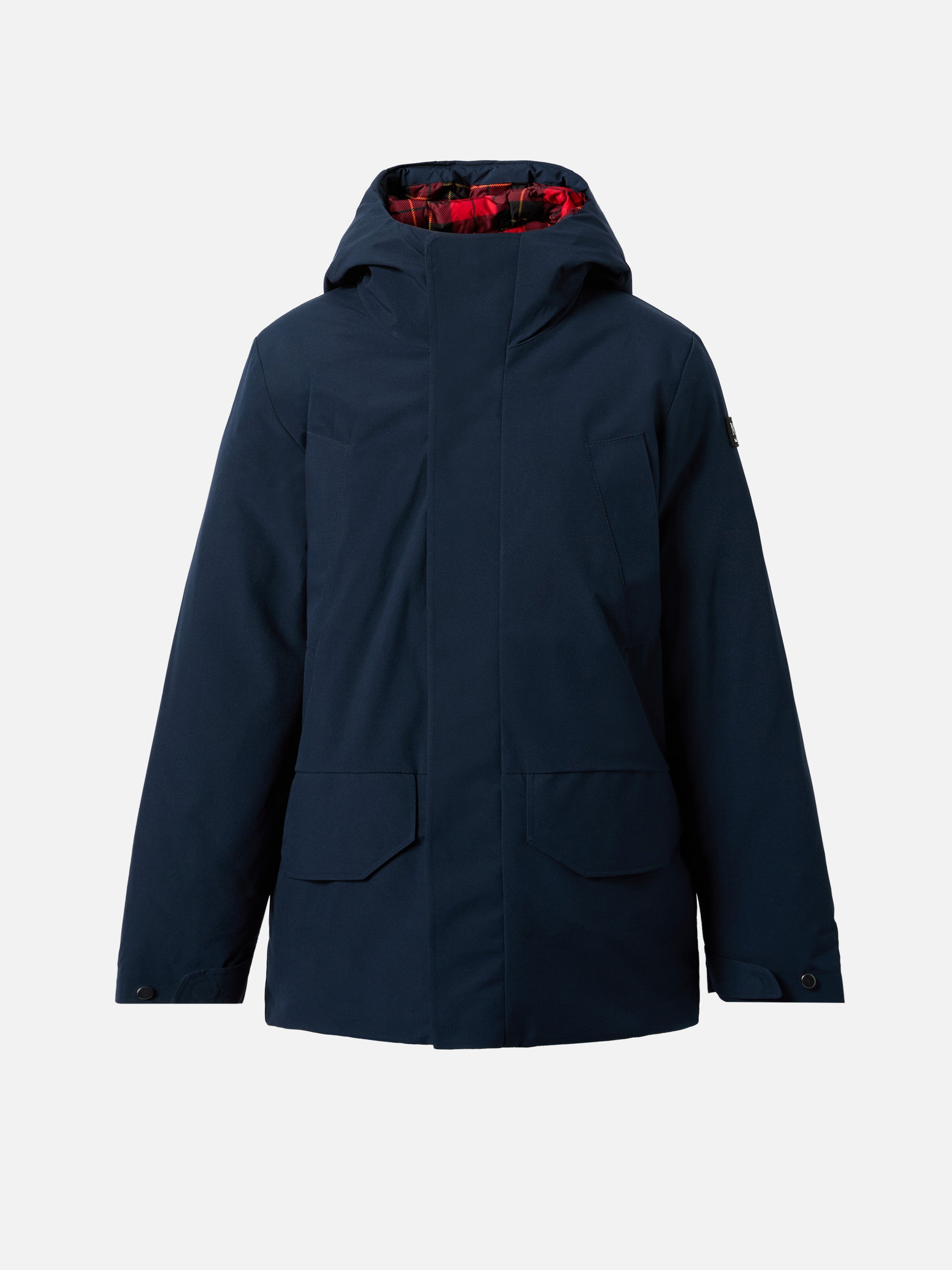Hooded Navy Blue Parka Jacket Voyager Jr With Tartan Lining
