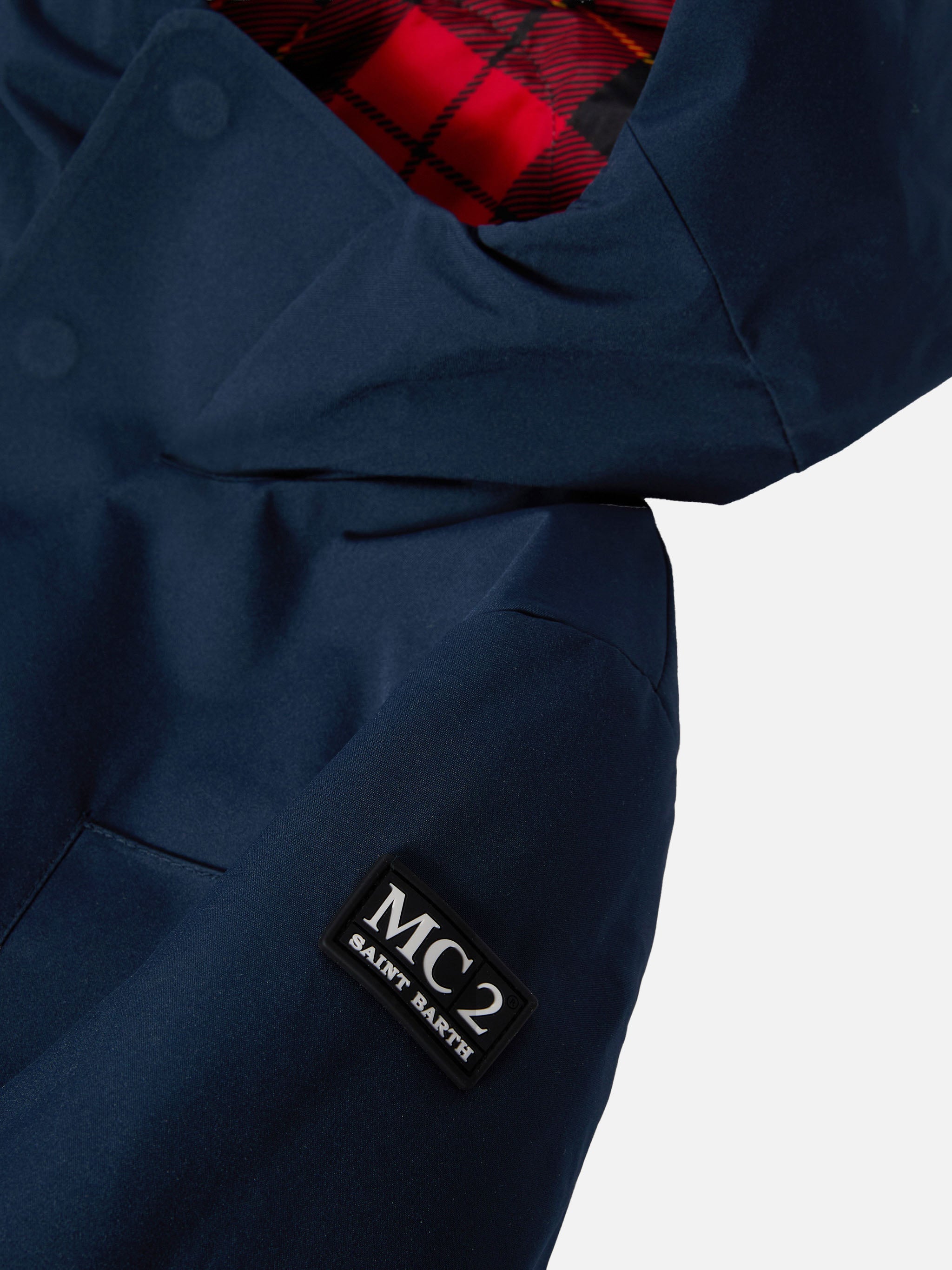 Hooded Navy Blue Parka Jacket Voyager Jr With Tartan Lining