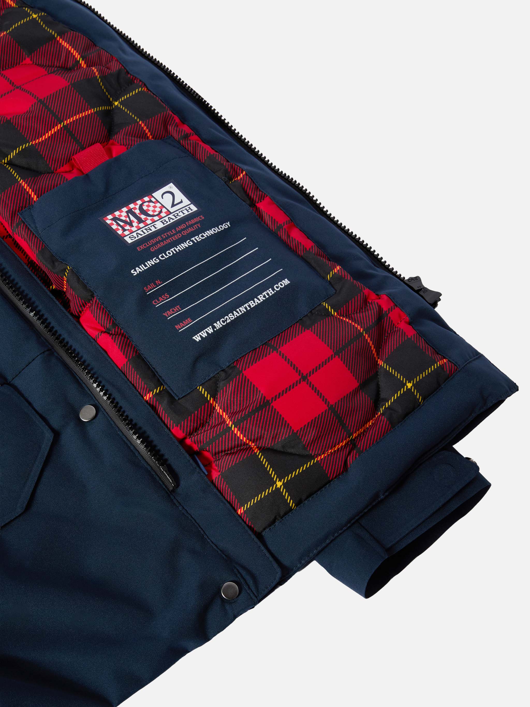 Hooded Navy Blue Parka Jacket Voyager Jr With Tartan Lining