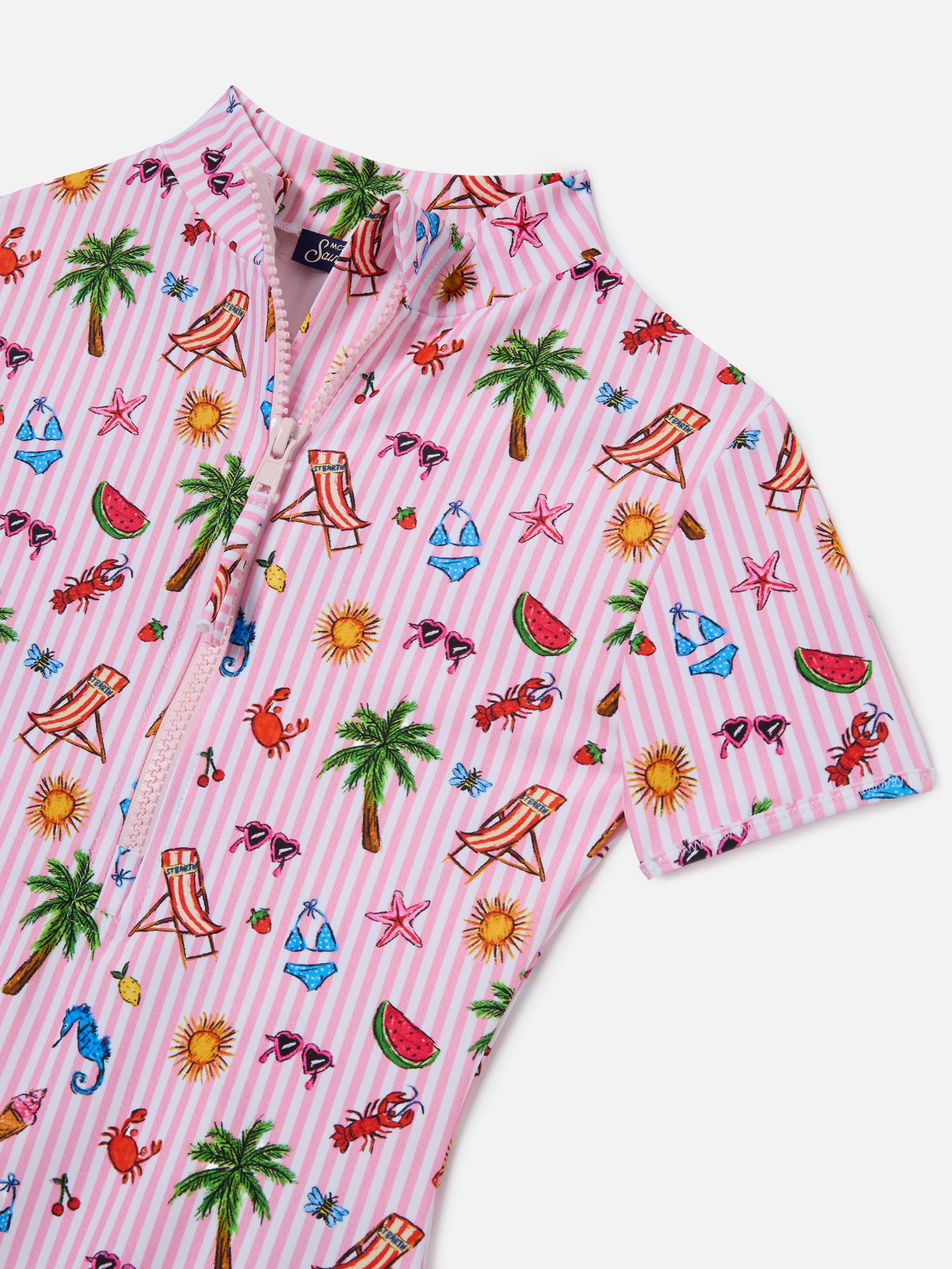 Waikiki Short Sleeve One-Piece Swimsuit With Funny Sketch Print Pink Wetsuit