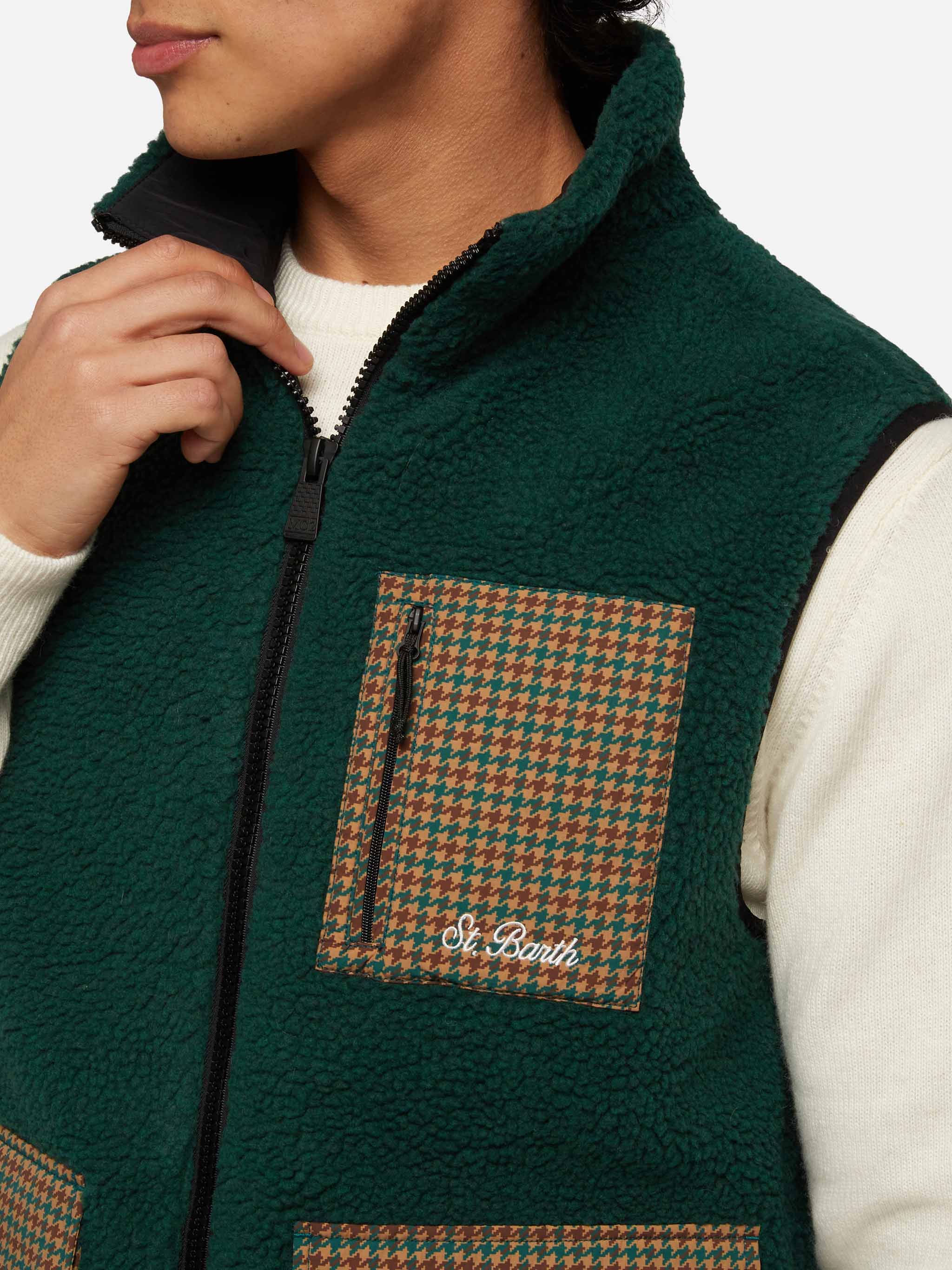 Man Teddy Vest Wanaka With Pied De Poul Print Green