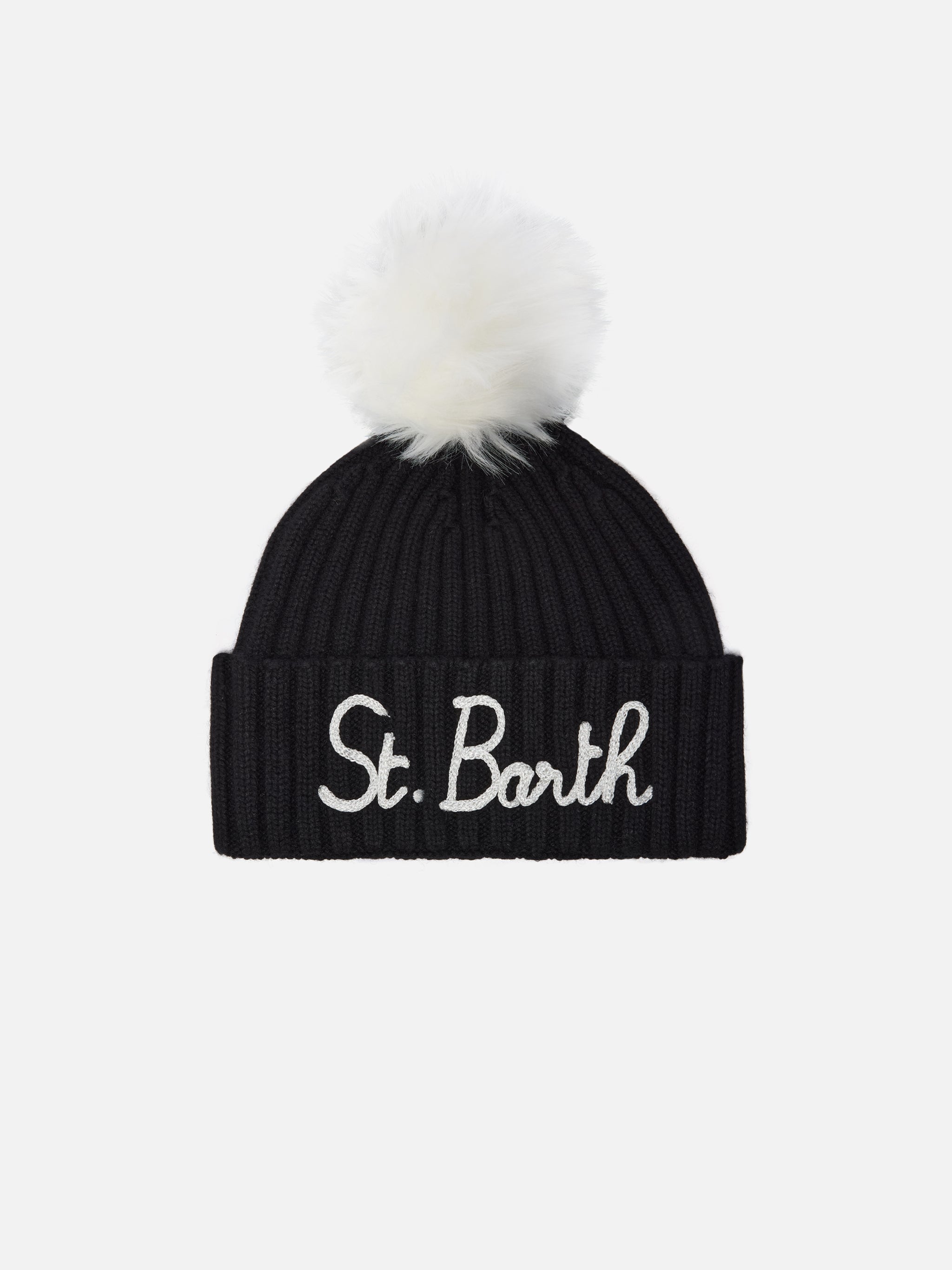 Wengen Beanie Cashmere Blend Black With St. Barth Embroidery And Pom-Pom Hat