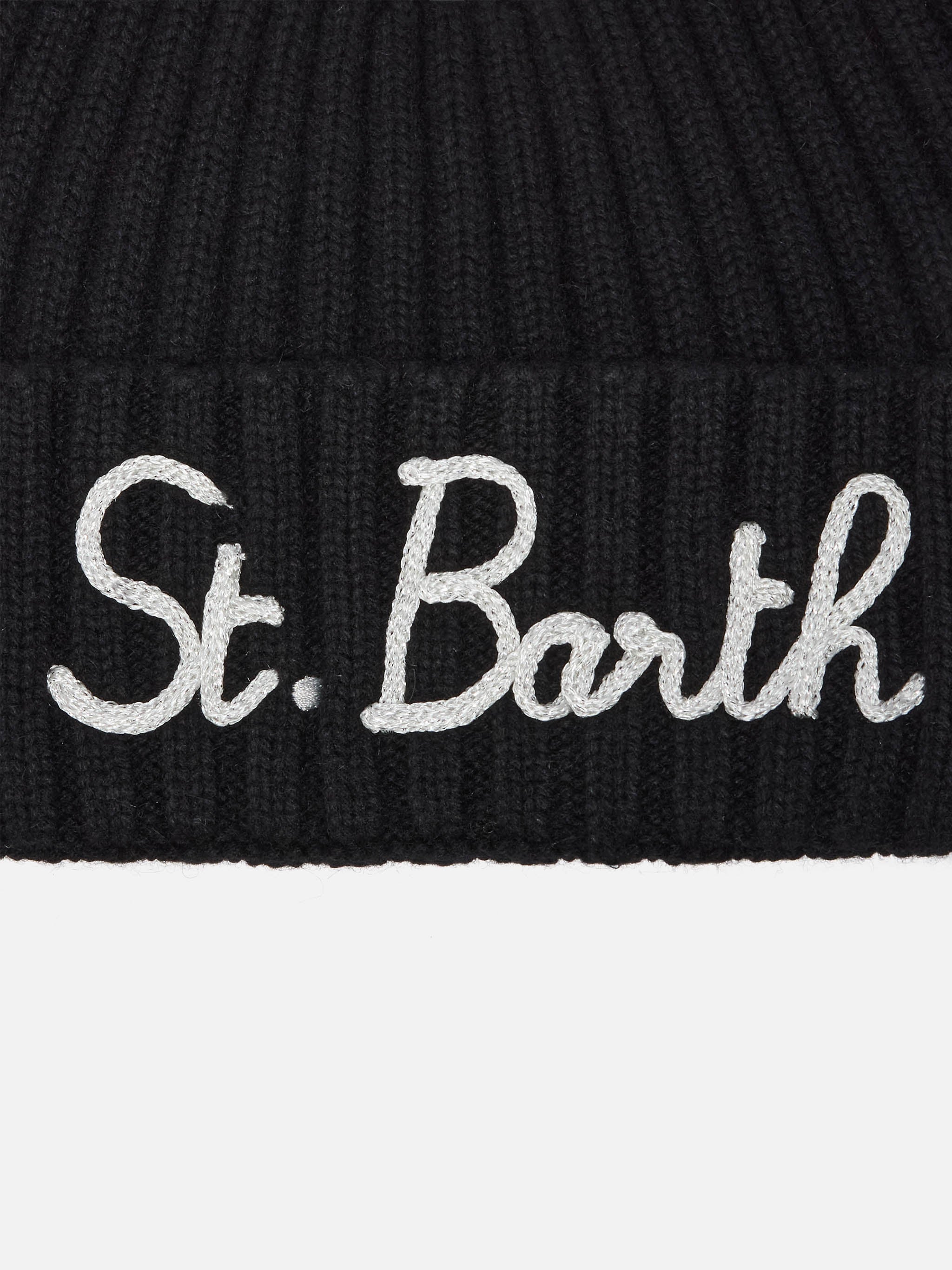 Wengen Beanie Cashmere Blend Black With St. Barth Embroidery And Pom-Pom Hat