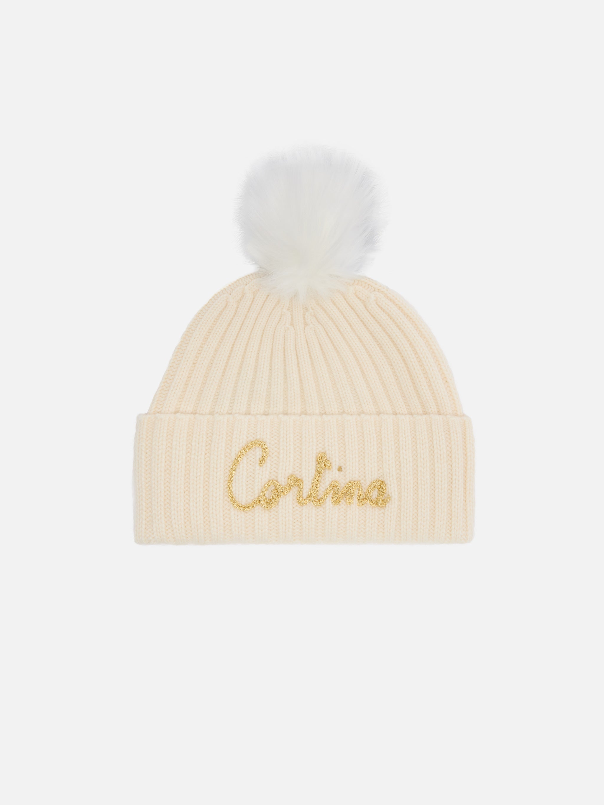 Wengen Beanie Cashmere Blend White With Lurex Cortina Embroidery And Pom-Pom Hat