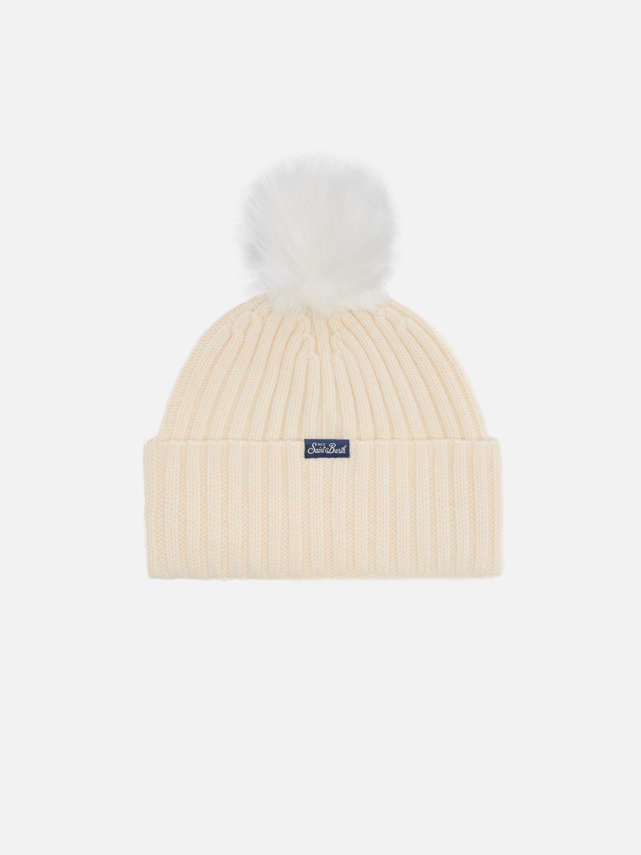 Wengen Beanie Cashmere Blend White With Lurex Cortina Embroidery And Pom-Pom Hat