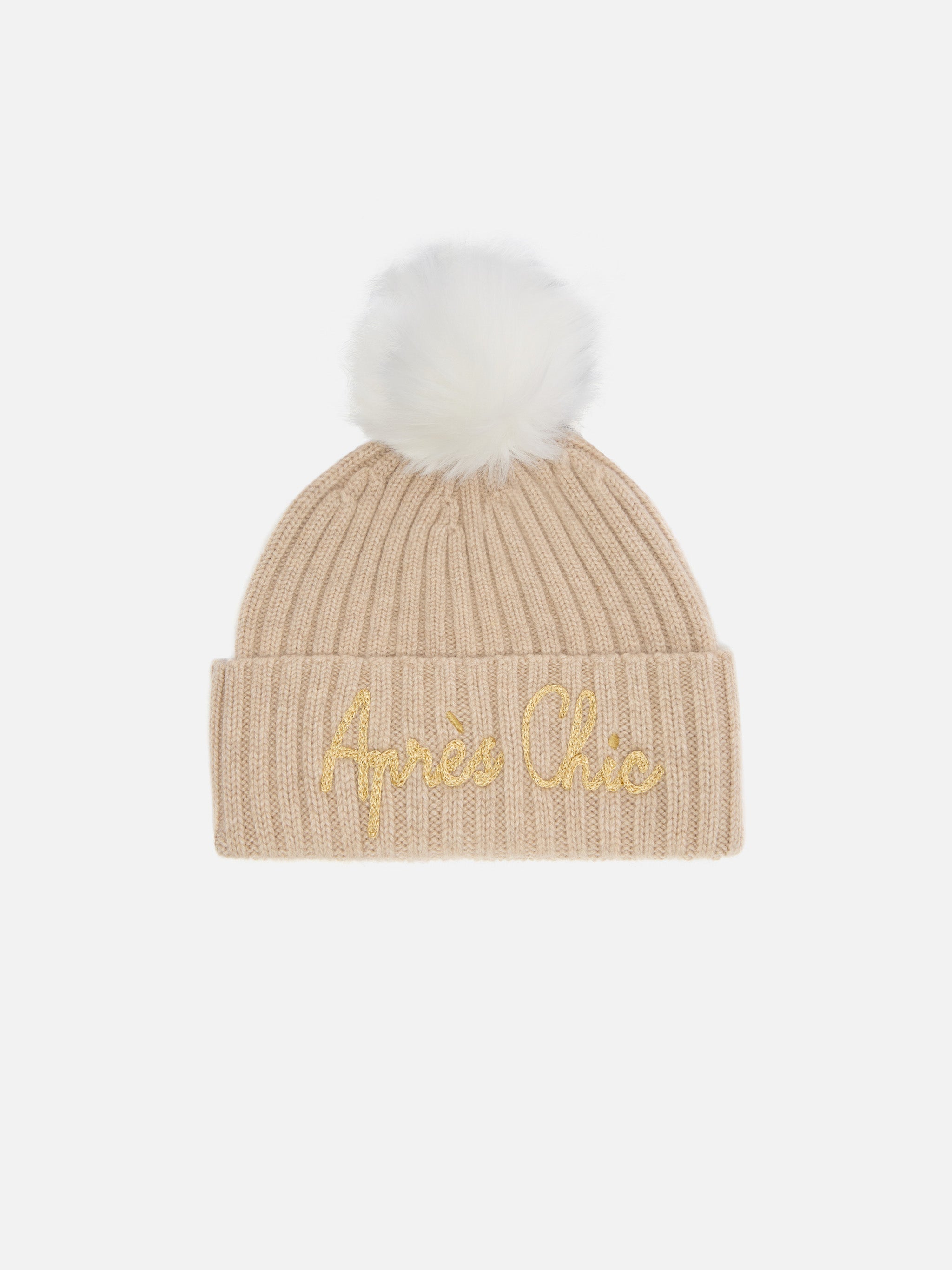 Wengen Beanie Cashmere Blend Beige With Lurex Après Chic Embroidery And Pom-Pom Brown Hat