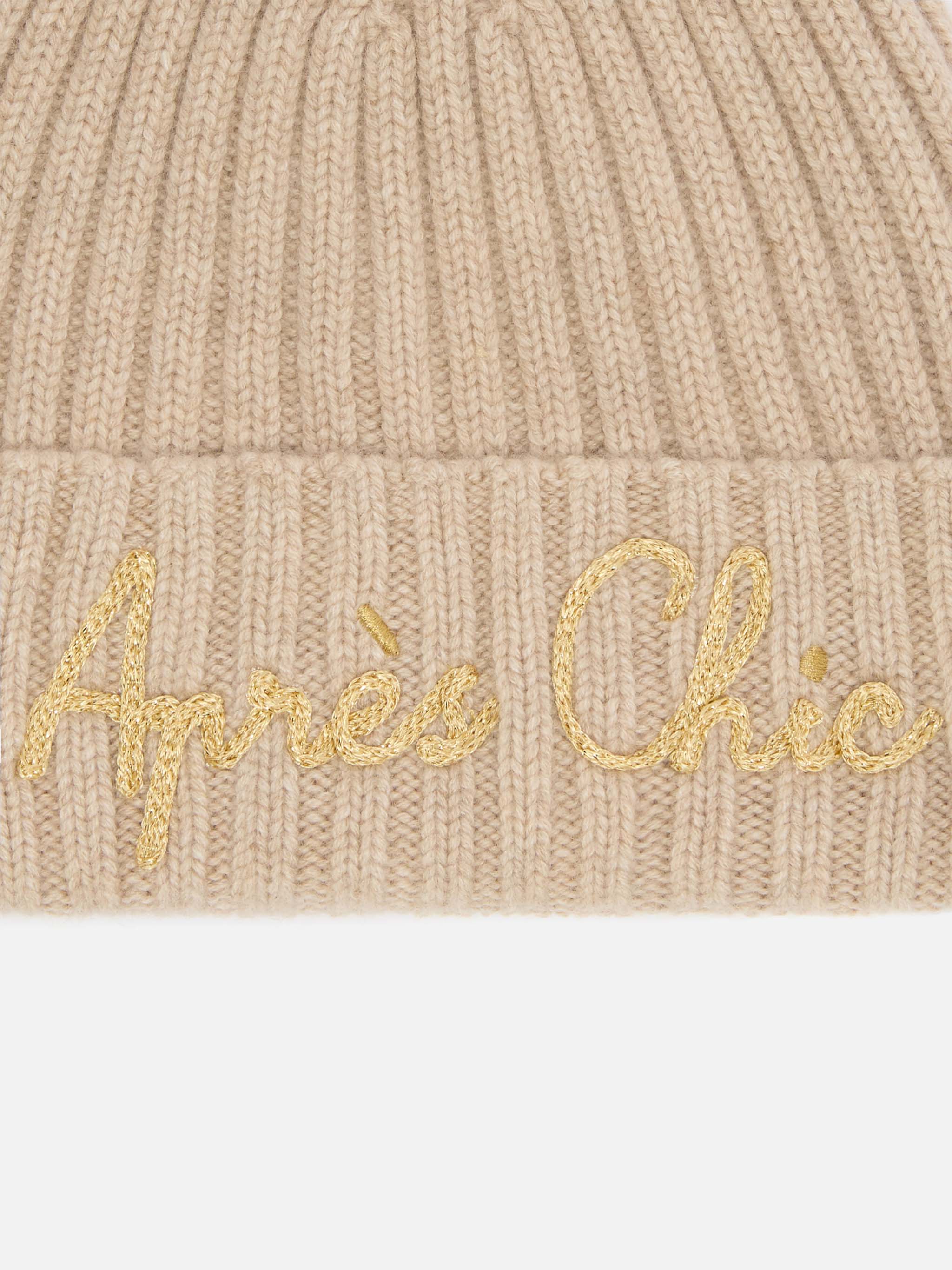 Wengen Beanie Cashmere Blend Beige With Lurex Après Chic Embroidery And Pom-Pom Brown Hat