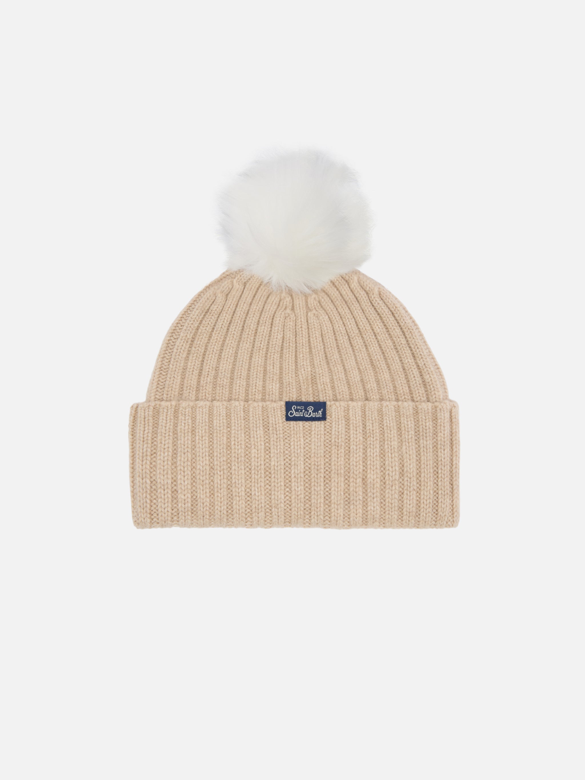 Wengen Beanie Cashmere Blend Beige With Lurex Après Chic Embroidery And Pom-Pom Brown Hat