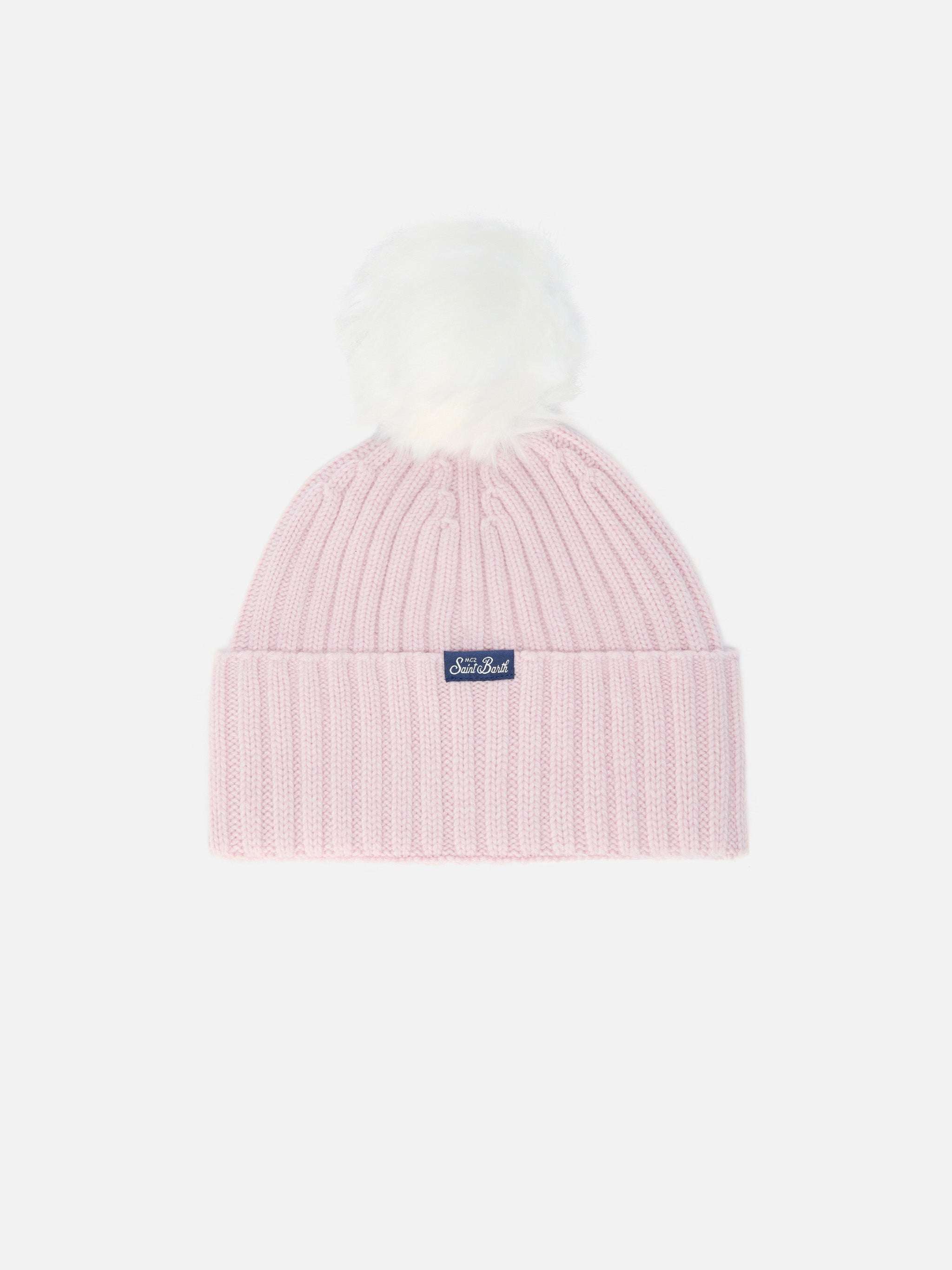 Wengen Beanie Cashmere Blend With Pink Too Cool Embroidery And Pom-Pom Hat