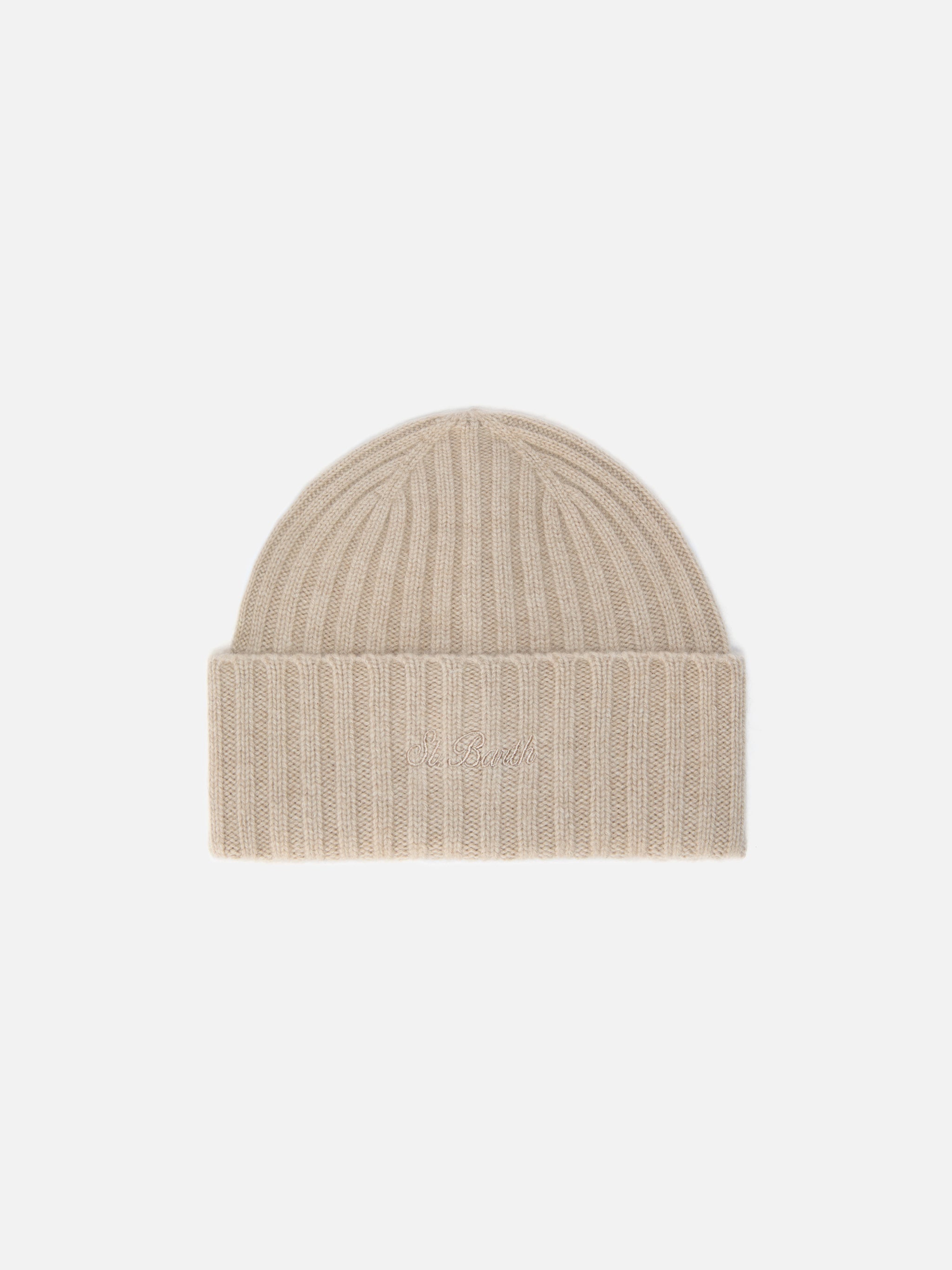 Wengen Beanie Cashmere Khaki With St. Barth Embroidery On The Turn-Up Brown Hat
