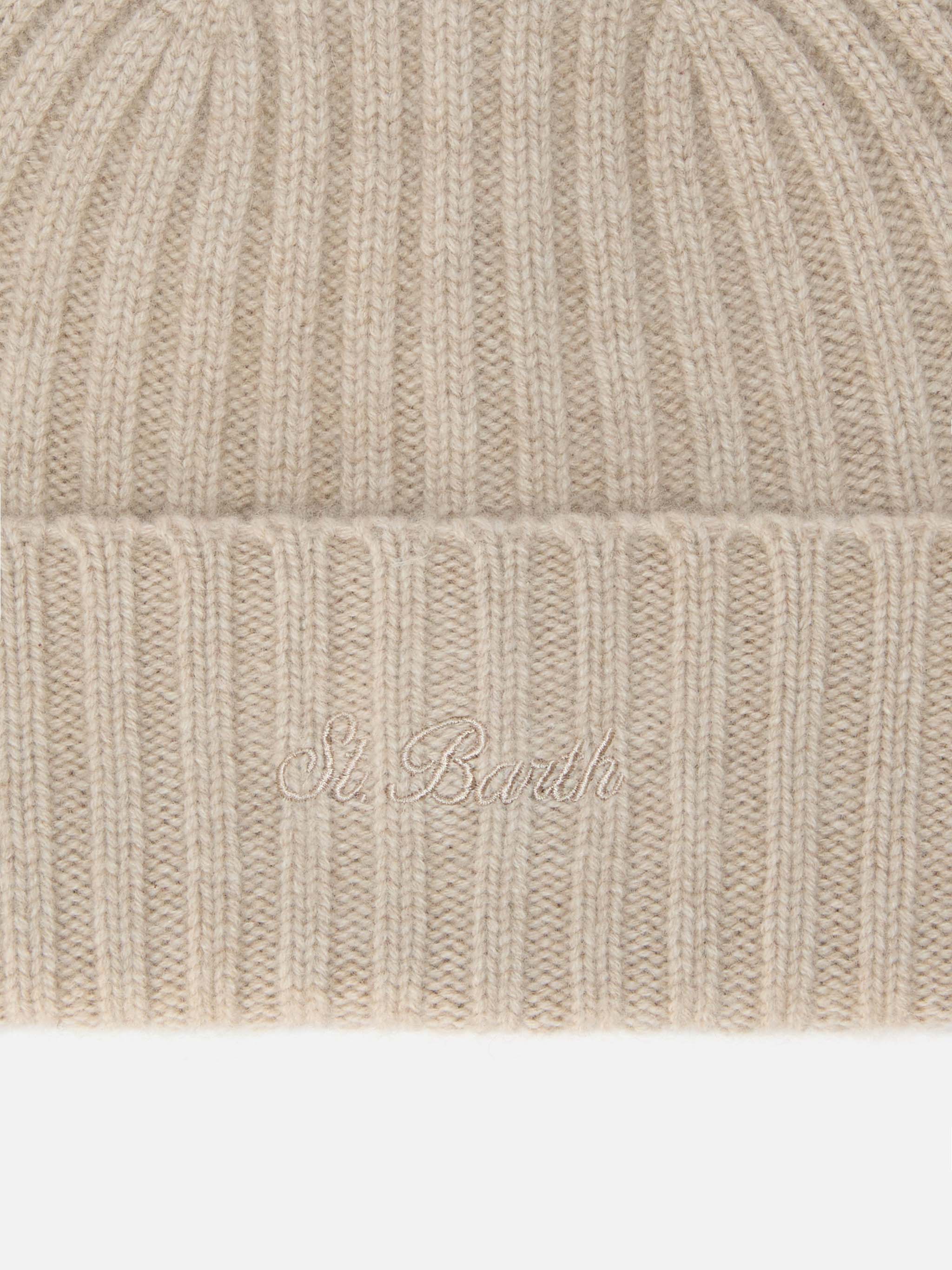 Wengen Beanie Cashmere Khaki With St. Barth Embroidery On The Turn-Up Brown Hat