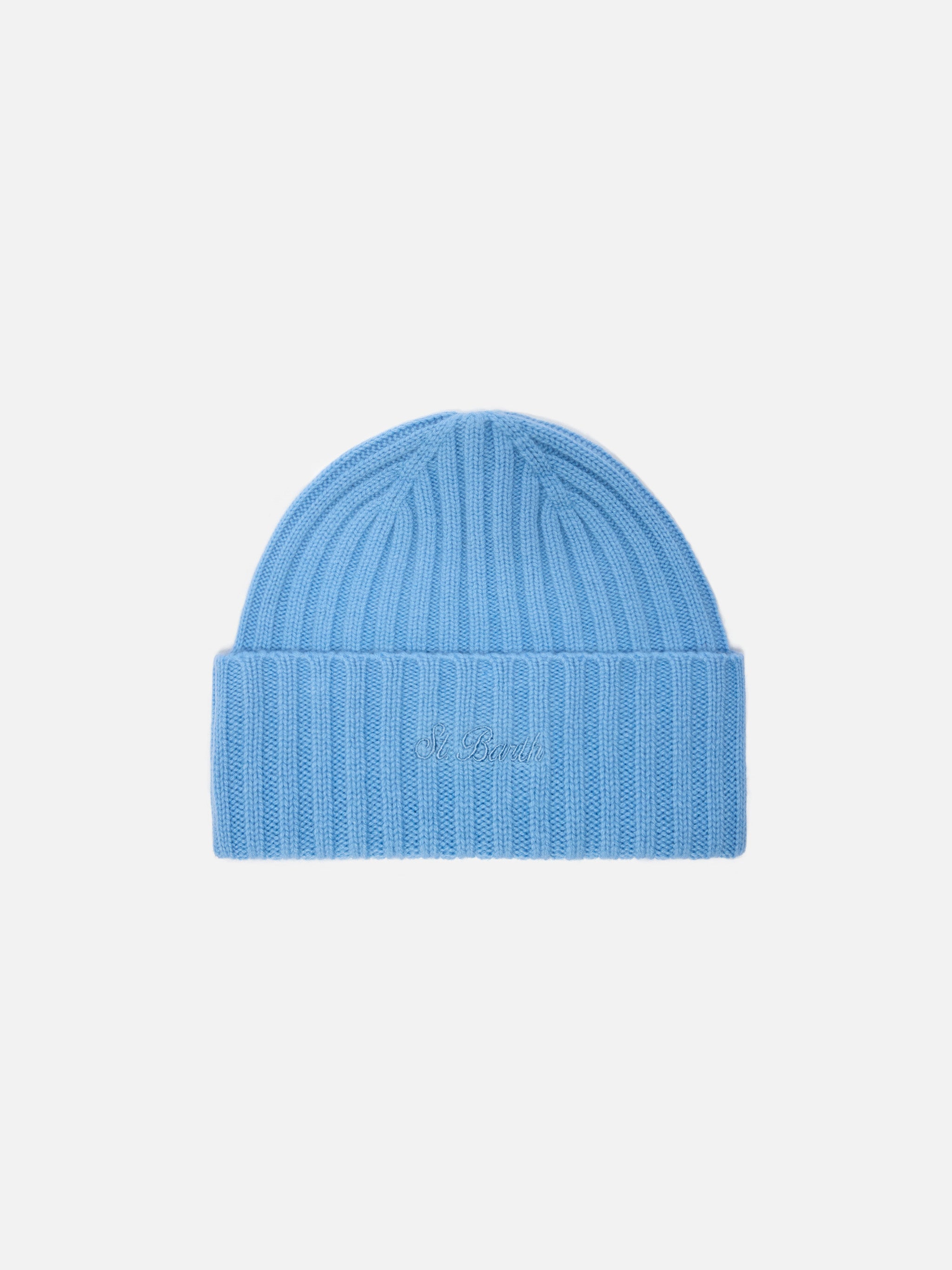 Wengen Beanie Cashmere Light Blue With St. Barth Embroidery On The Turn-Up Hat