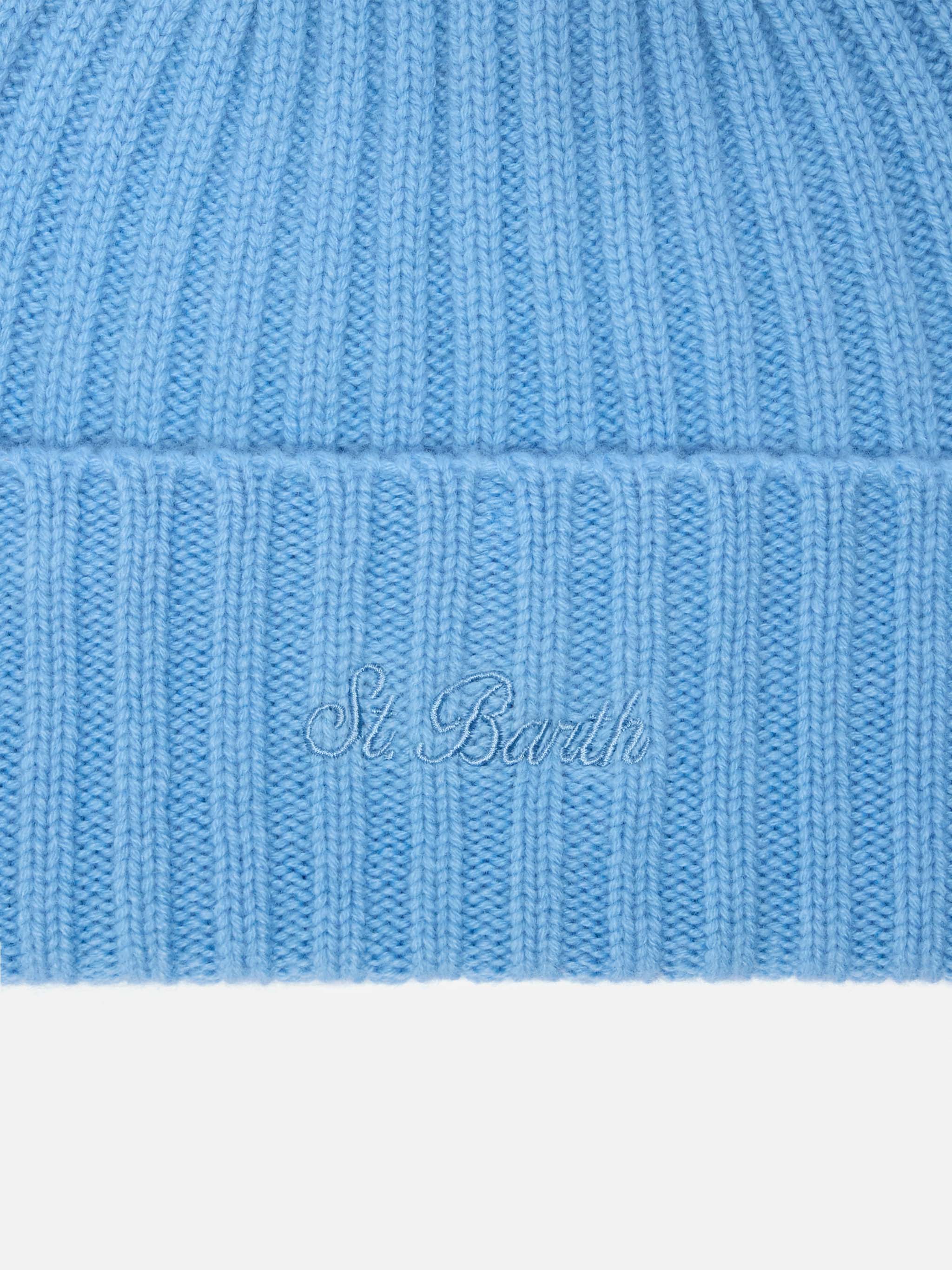 Wengen Beanie Cashmere Light Blue With St. Barth Embroidery On The Turn-Up Hat