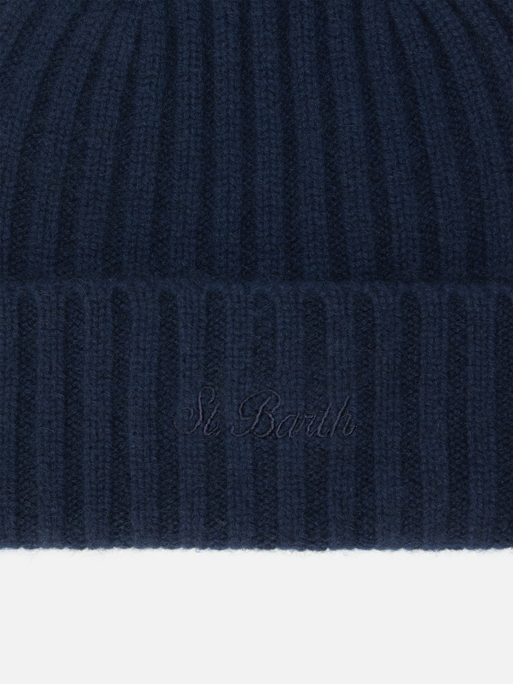 Wengen Beanie Cashmere Navy Blue With St. Barth Embroidery On The Turn-Up Hat