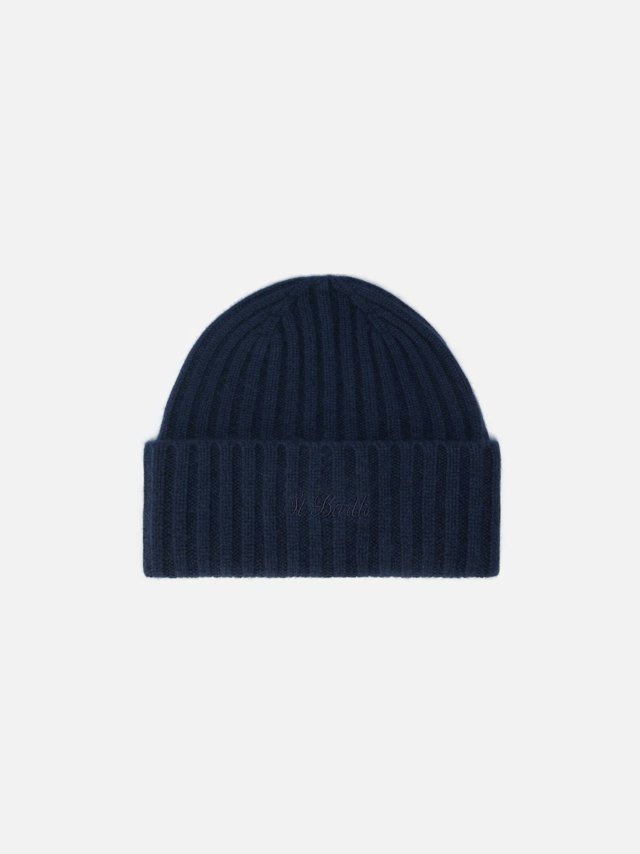 Wengen Beanie Cashmere Navy Blue With St. Barth Embroidery On The Turn-Up Hat