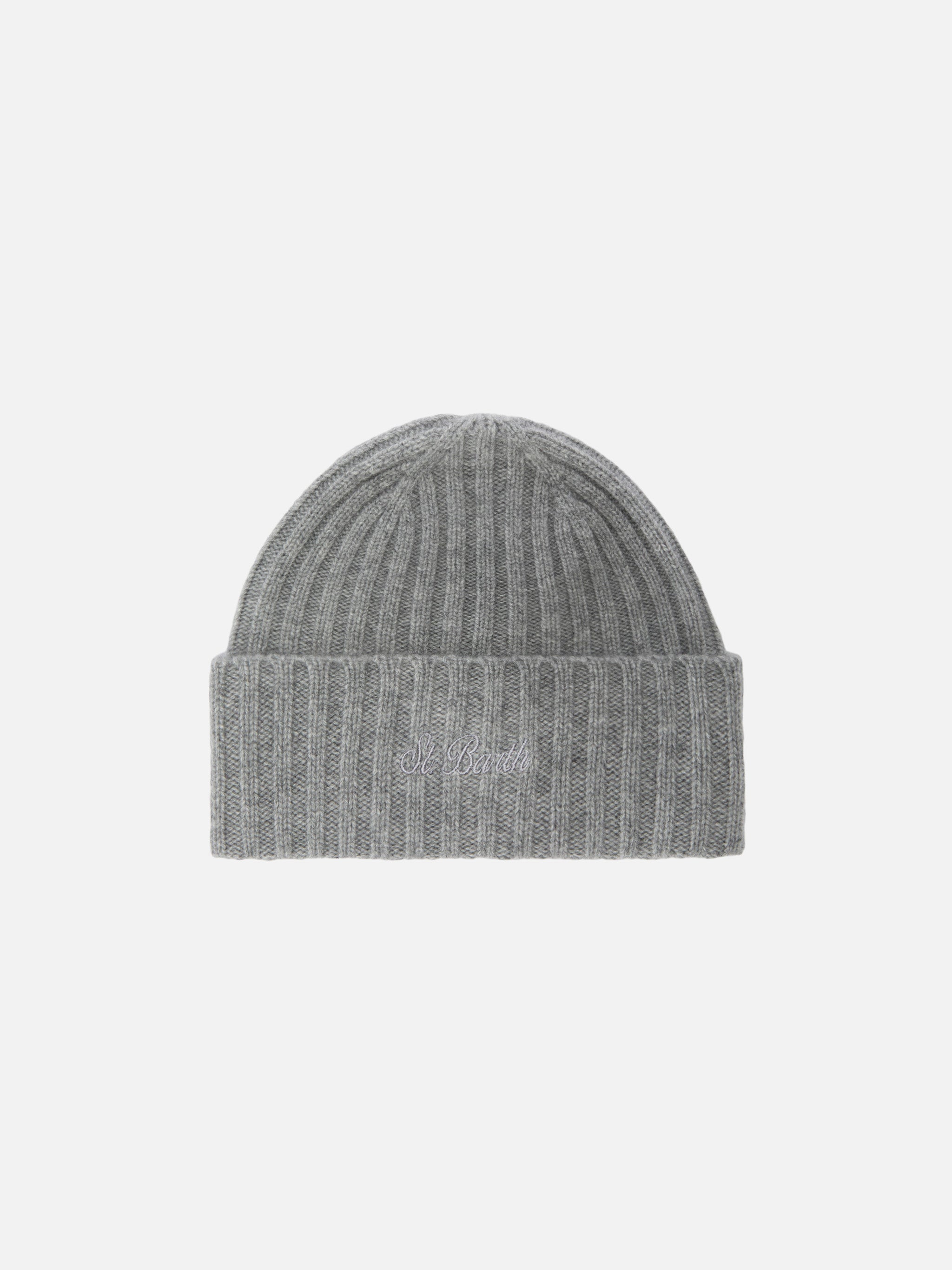 Wengen Beanie Grey Cashmere With St. Barth Embroidery On The Turn-Up Hat