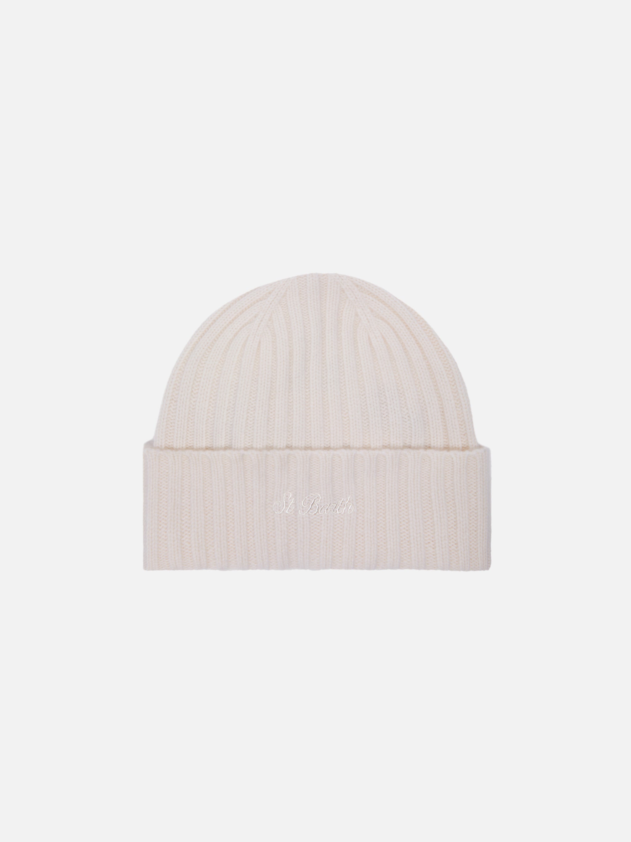 Wengen Beanie White Cashmere With St. Barth Embroidery On The Turn-Up Hat