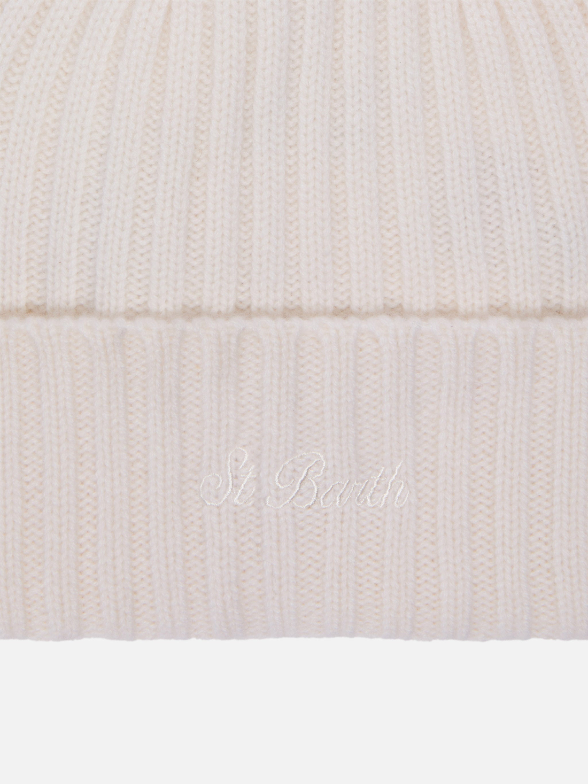 Wengen Beanie White Cashmere With St. Barth Embroidery On The Turn-Up Hat