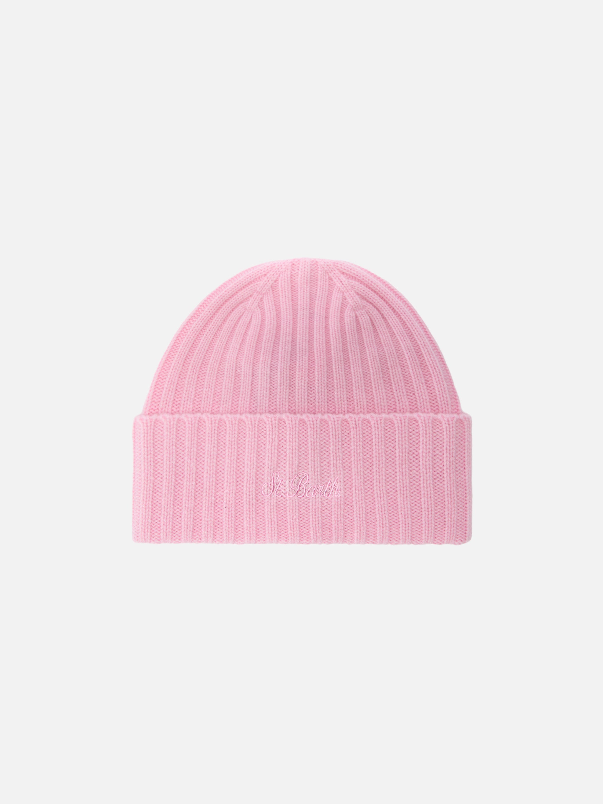Wengen Beanie Pink Cashmere With St. Barth Embroidery On The Turn-Up Hat