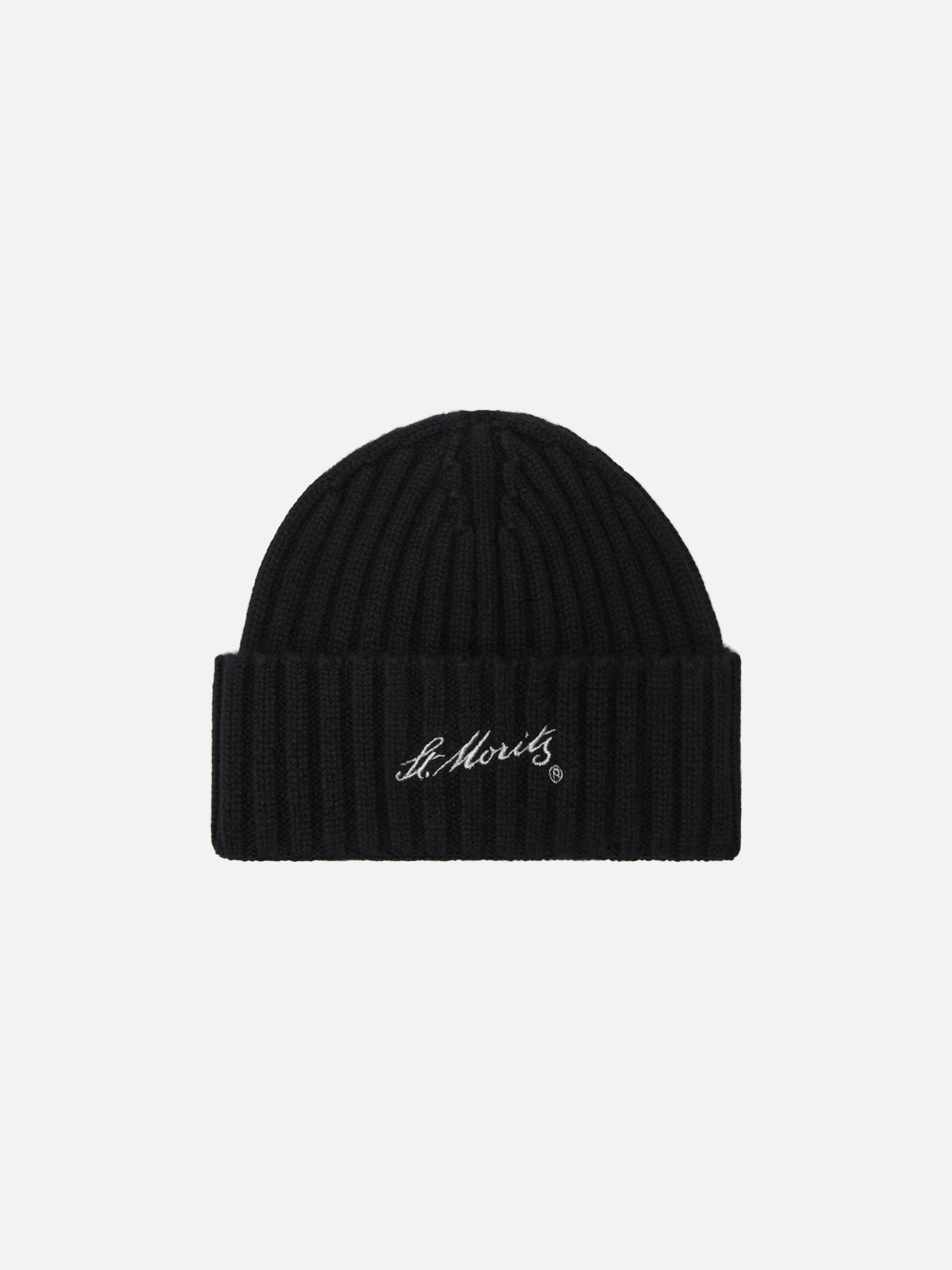 Wengen Beanie Black Cashmere With St. Moritz Embroidery Hat