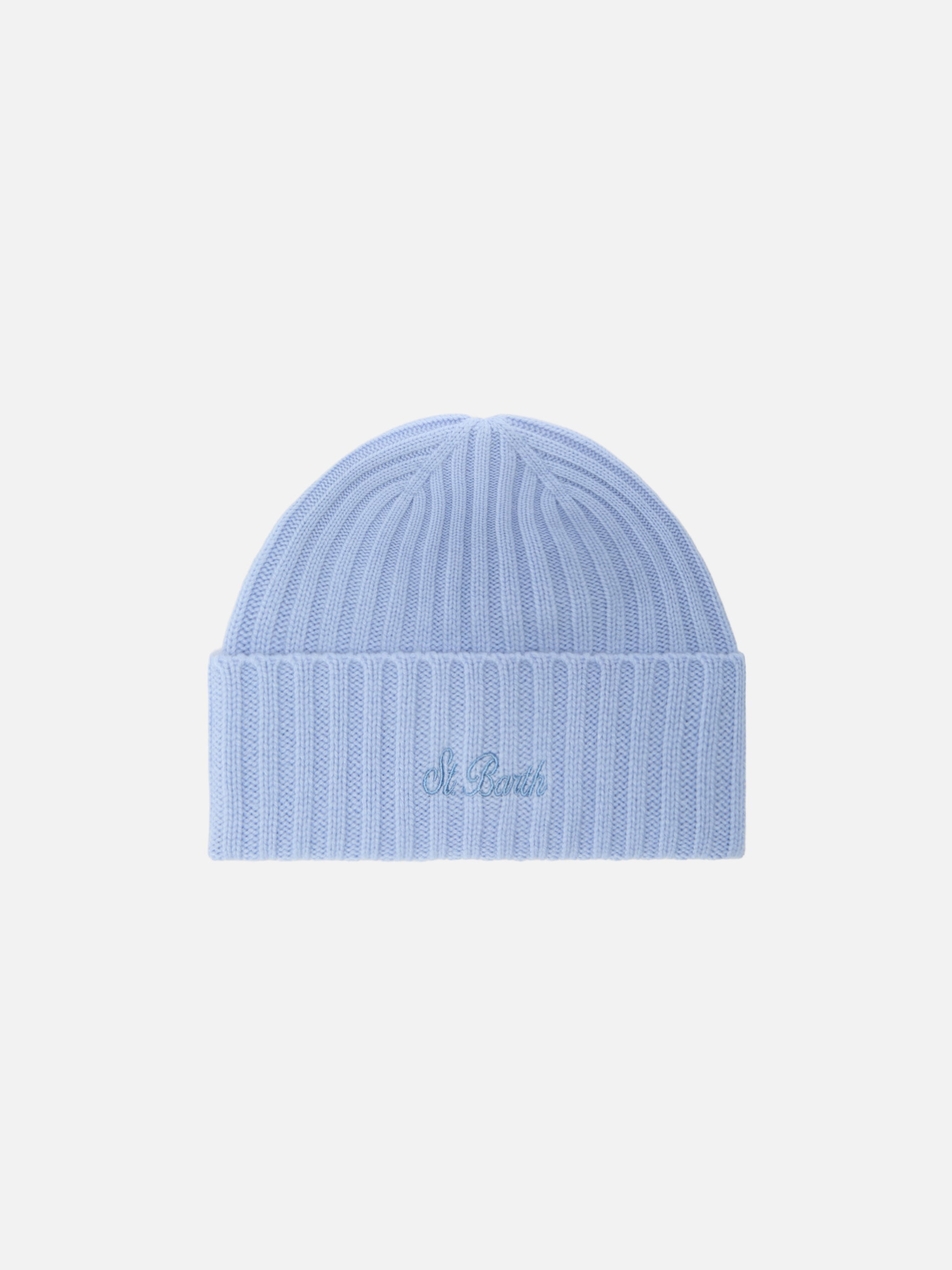 Wengen Beanie Light Blue Cashmere With St. Barth Embroidery On The Turn-Up Hat