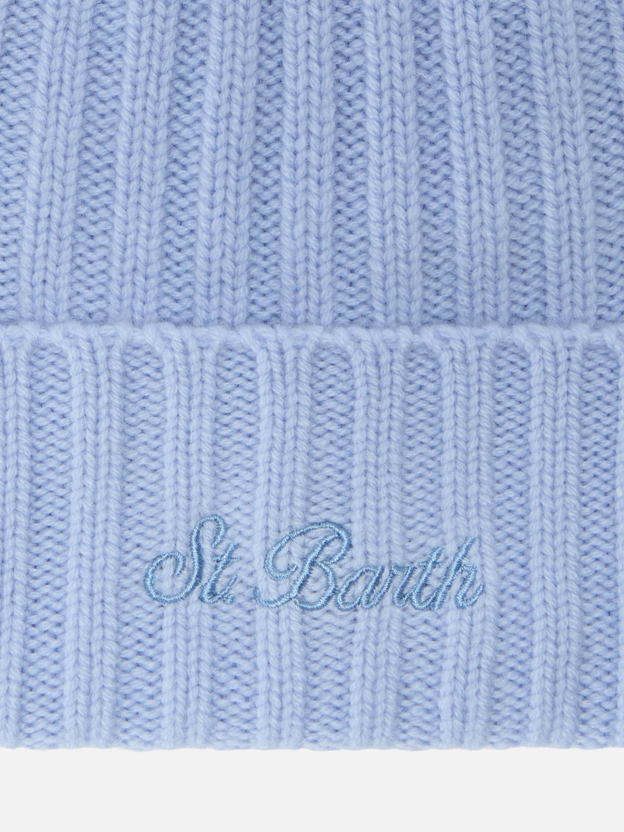 Wengen Beanie Light Blue Cashmere With St. Barth Embroidery On The Turn-Up Hat